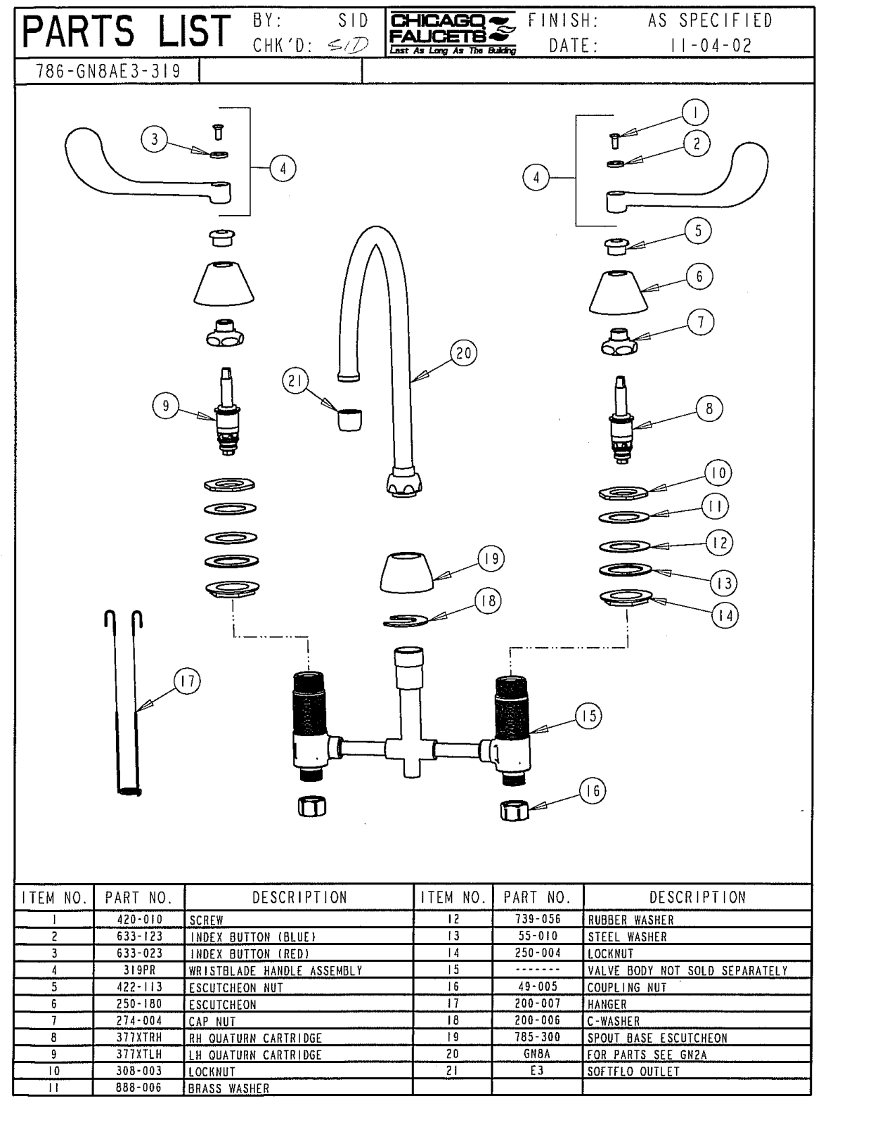 Chicago Faucet 786-GN8AE3-319CP Parts List