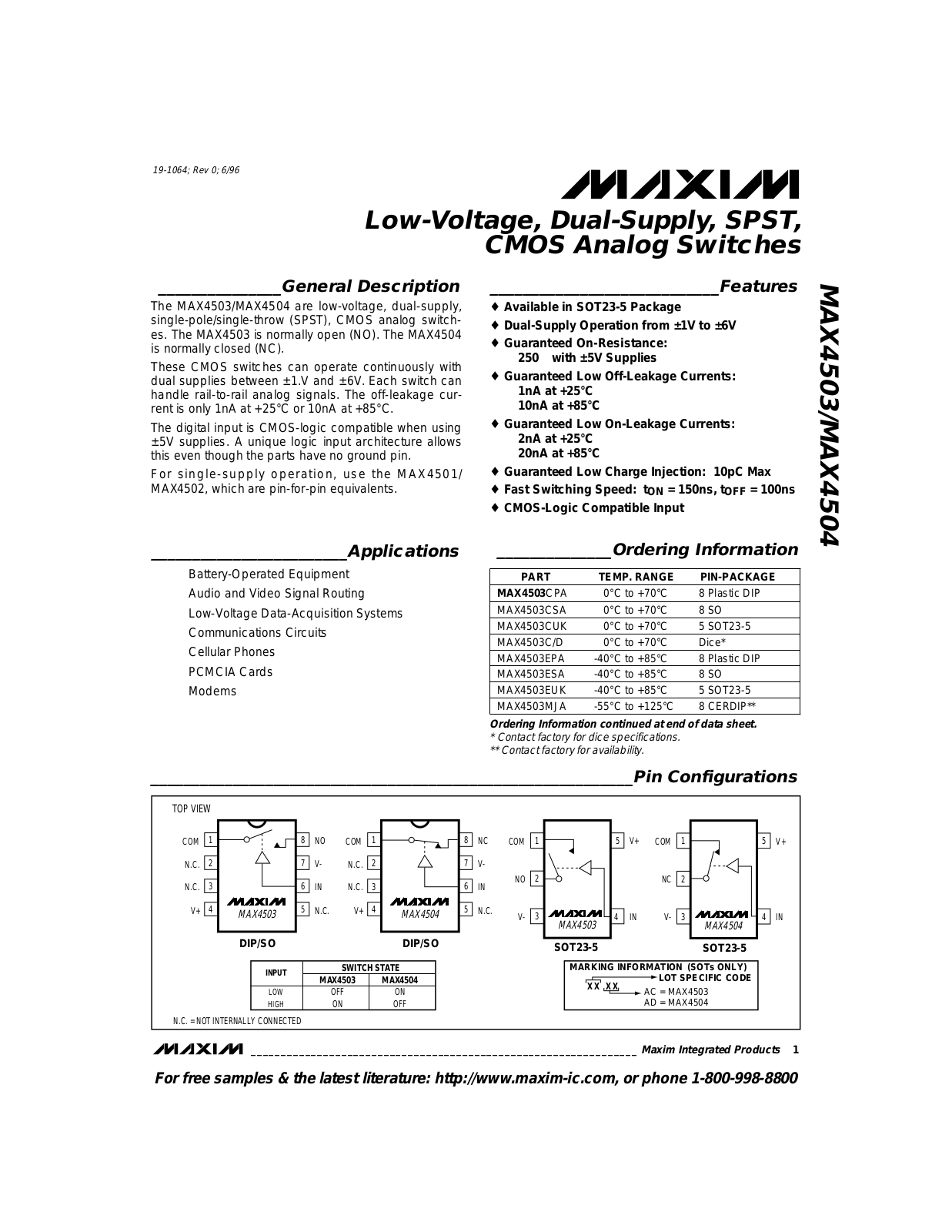 Maxim MAX4504MJA, MAX4504EUK, MAX4504ESA, MAX4504EPA, MAX4504CUK Datasheet