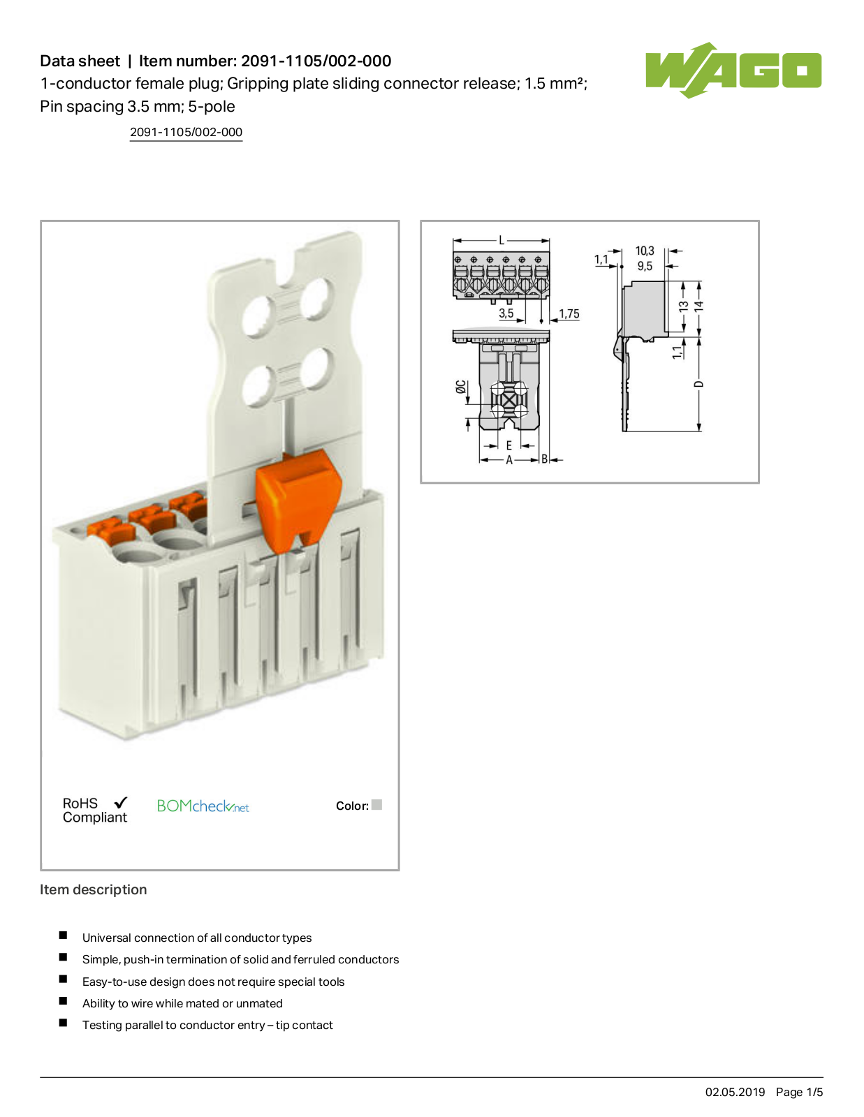 Wago 2091-1105/002-000 Data Sheet