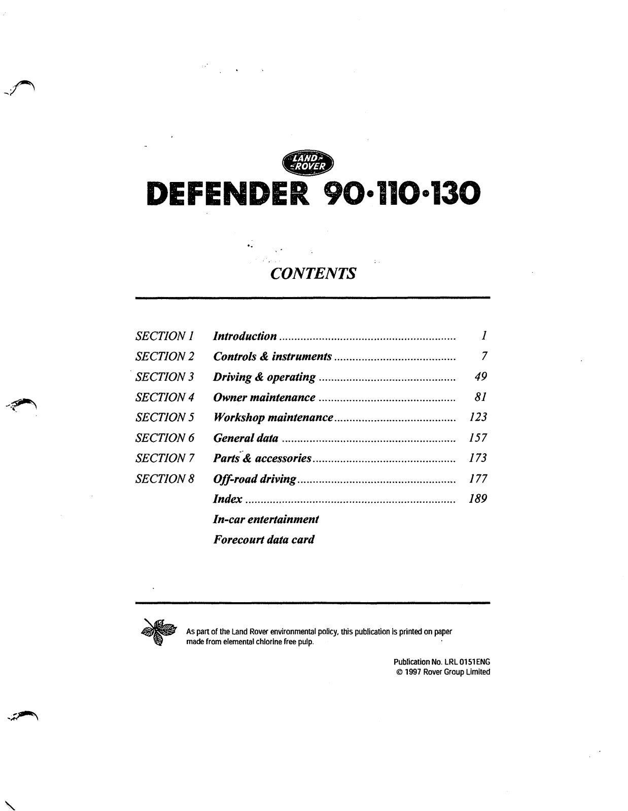 Land Rover Defender 90 1997 User Manual