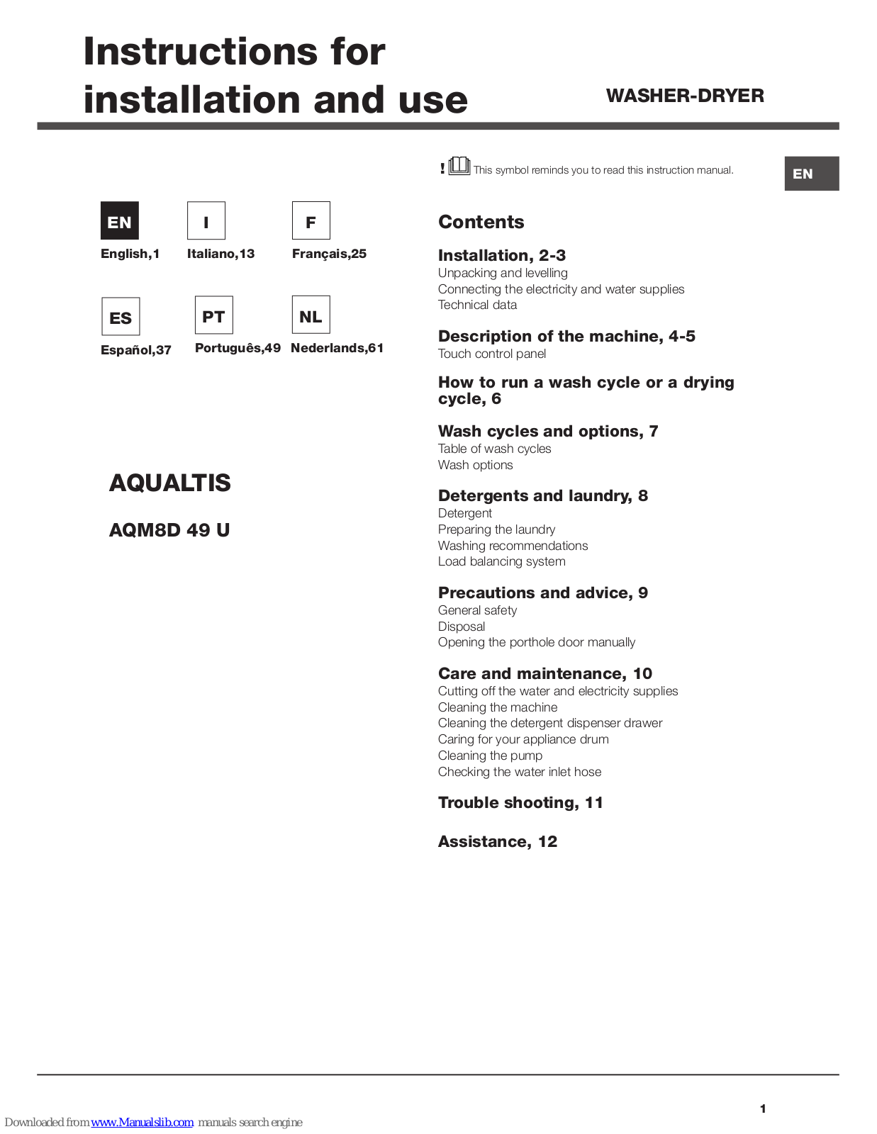 Hotpoint Ariston AQM8D 49 U Instructions For Installation And Use Manual