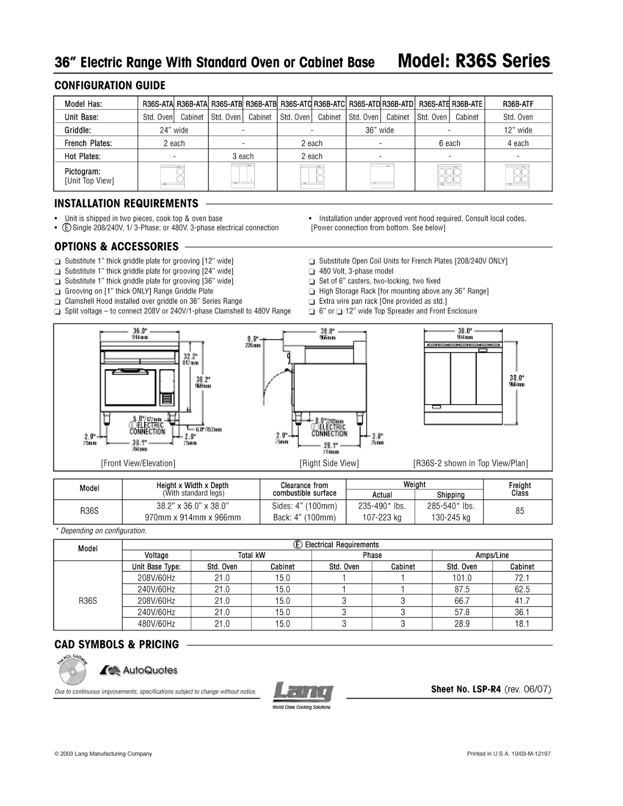 Lang Manufacturing R36S-ATF User Manual