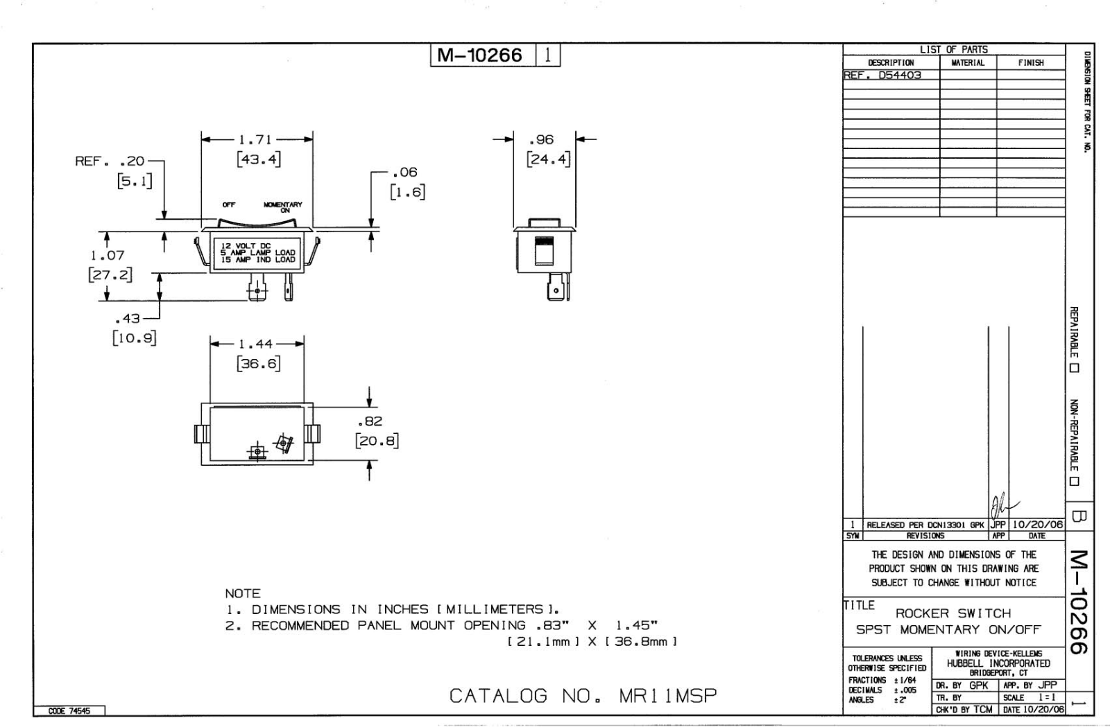 Hubbell MR11MSP Reference Drawing