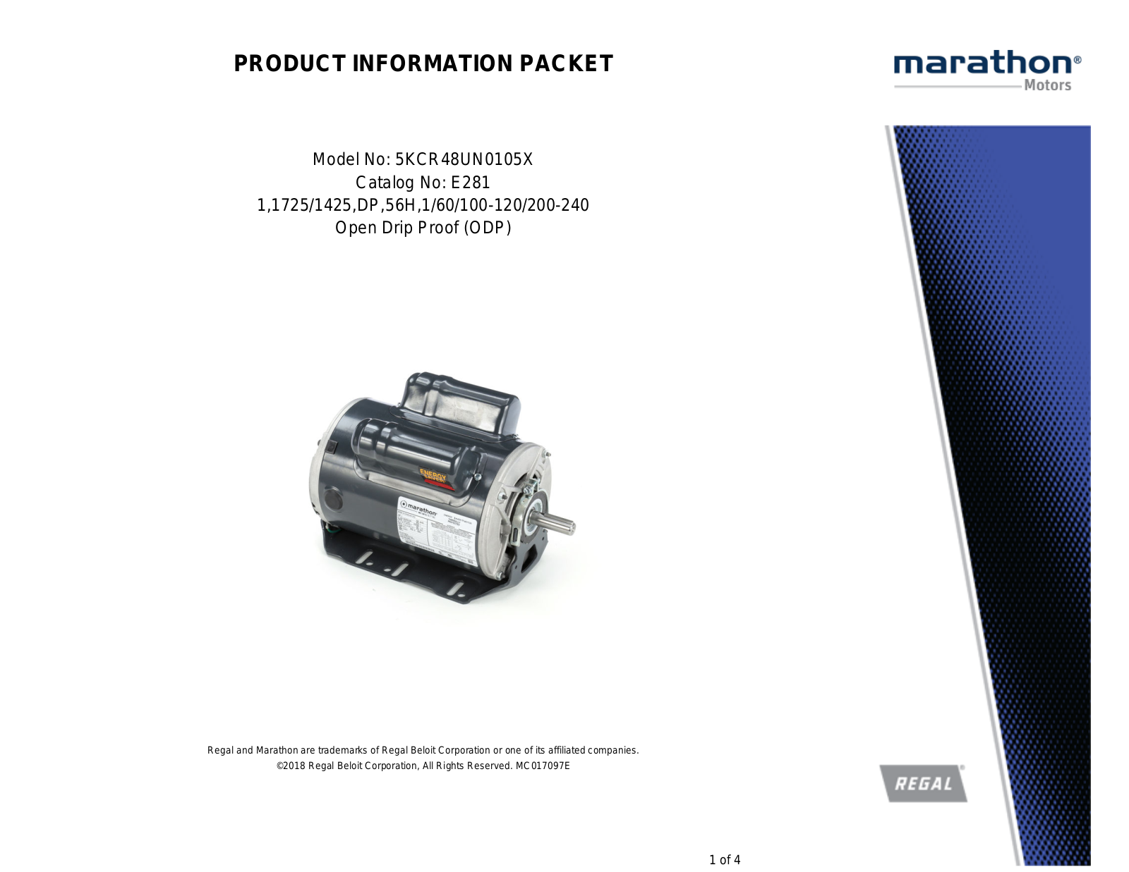 Marathon Electric 5KCR48UN0105X Product Information Packet