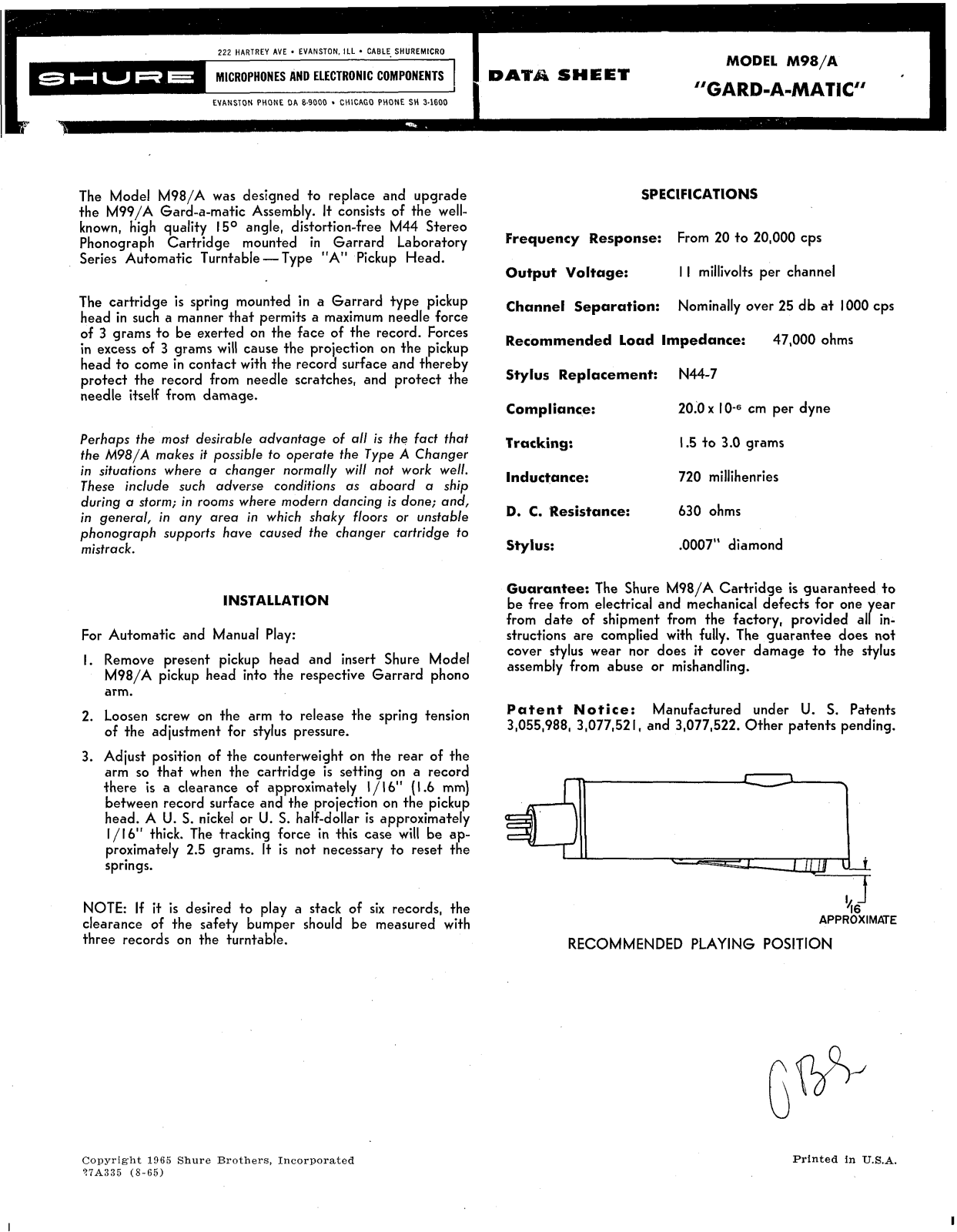 Shure M98/A User Guide - ManualMachine.com