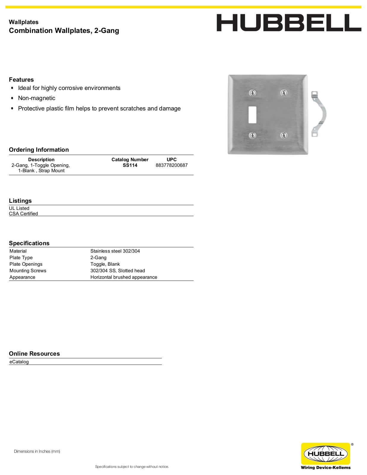 Hubbell SS114 Specifications