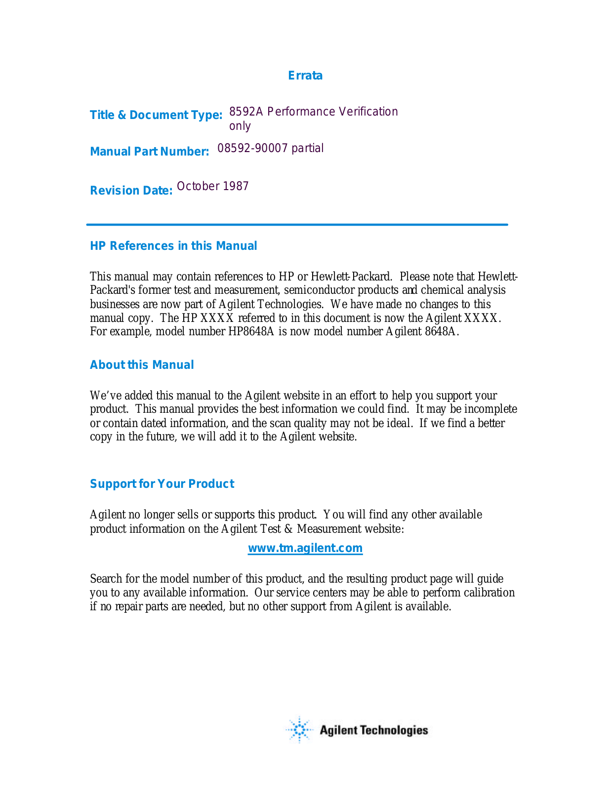 Keysight (Agilent) 8592A Performance Test Manual