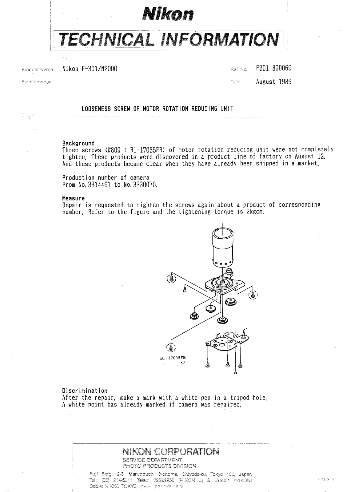 NIKON F301 TECHNICAL INFORMATION