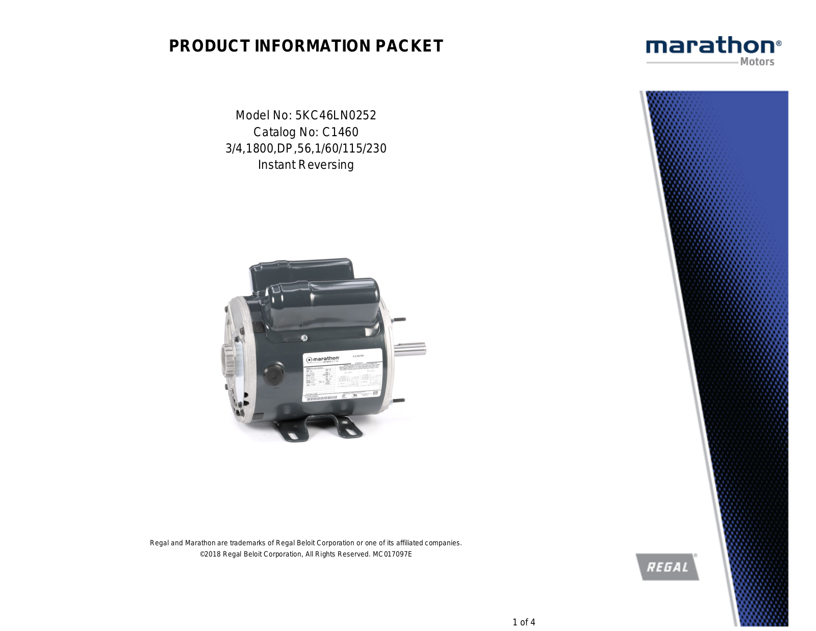 Marathon Electric 5KC46LN0252 Product Information Packet