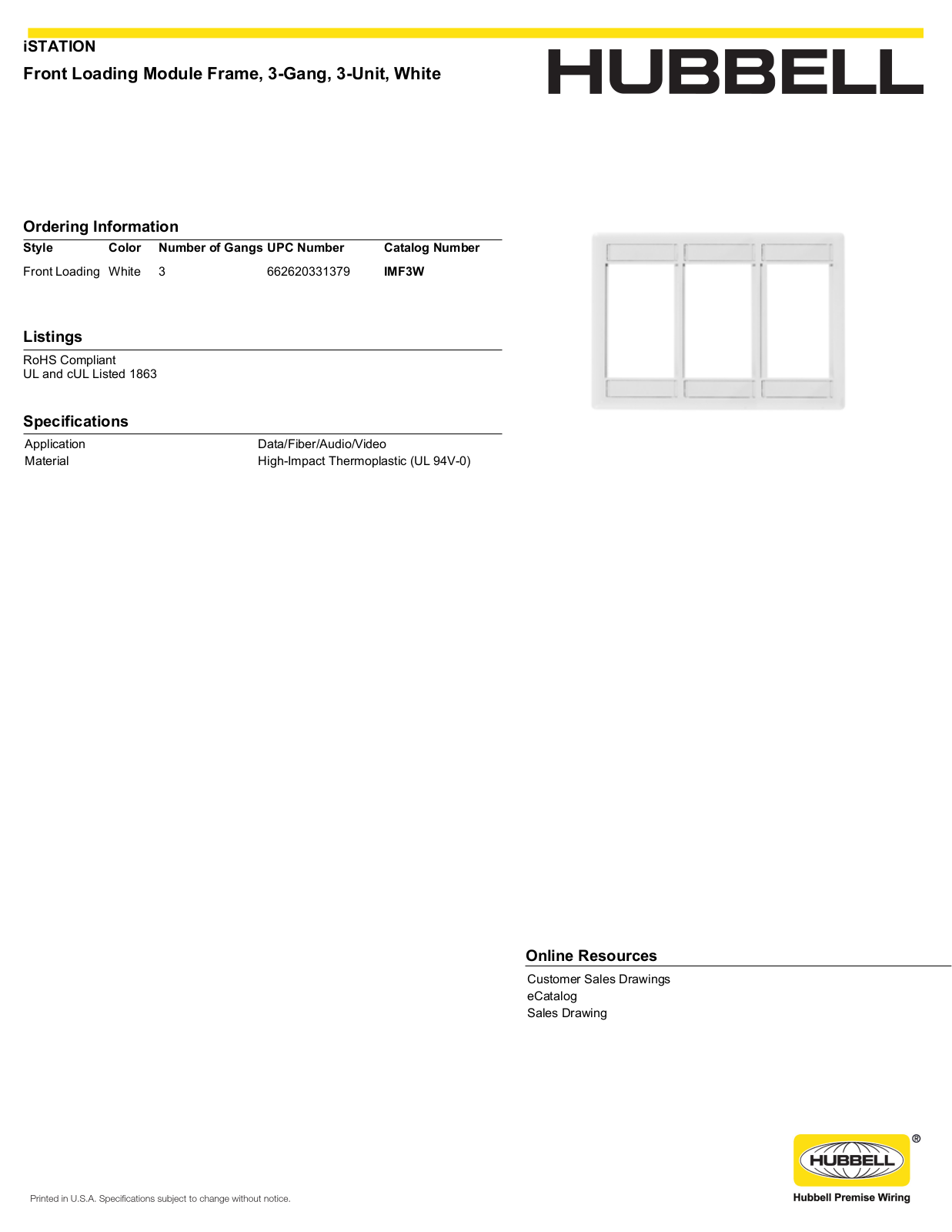 Hubbell IMF3W Specifications