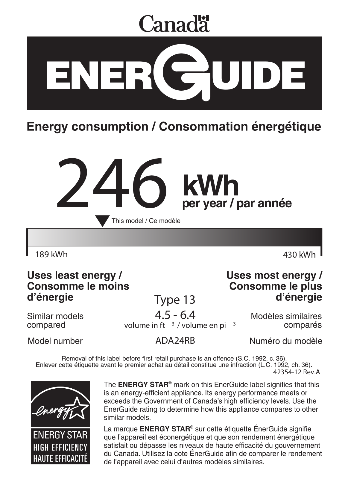 U-line UADA24RINT00A Energy Guide