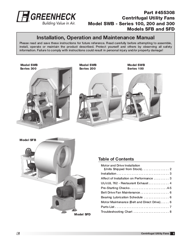 Greenheck Fan SWB 100, SFD, SWB 200, SWB 300 User Manual