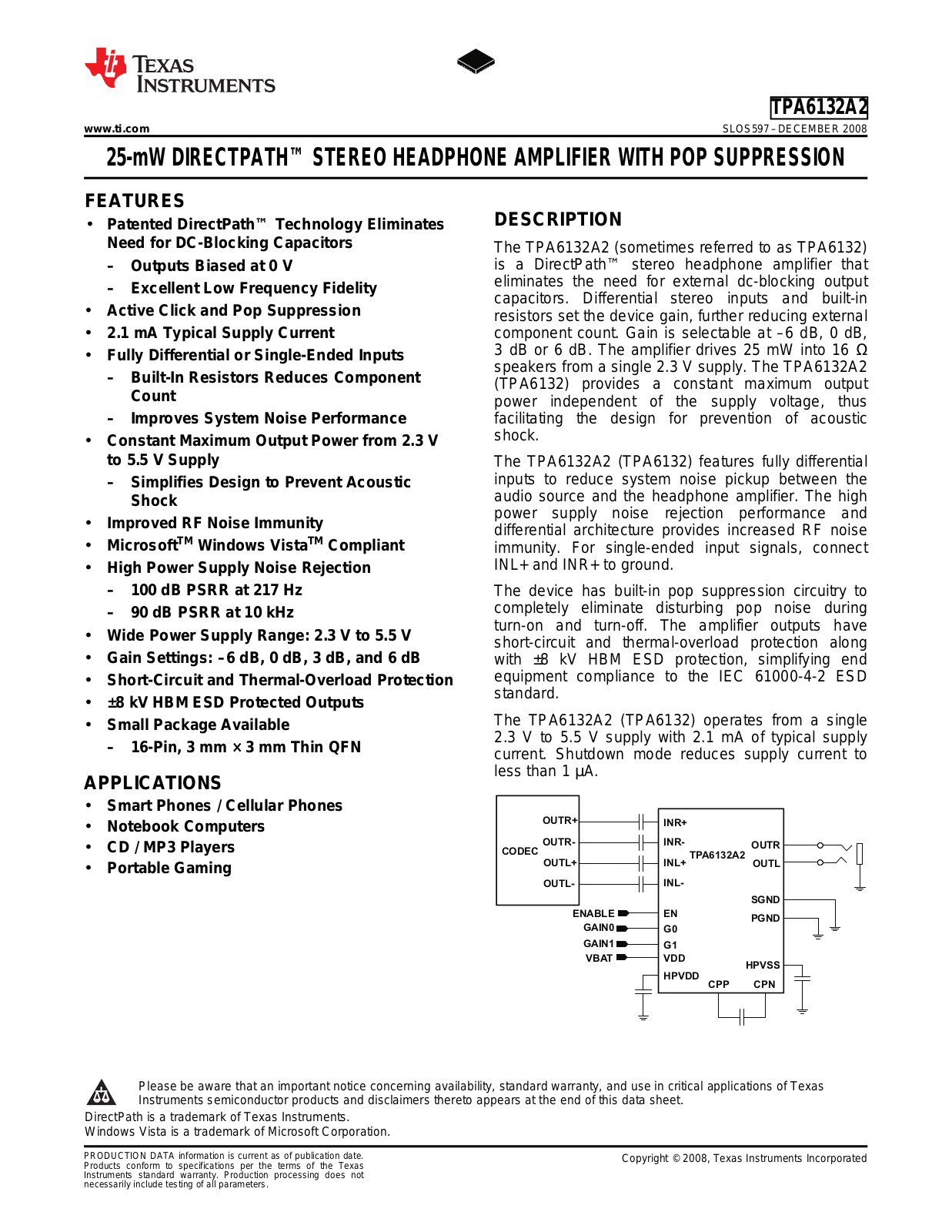 TEXAS INSTRUMENTS TPA6132A2 Technical data