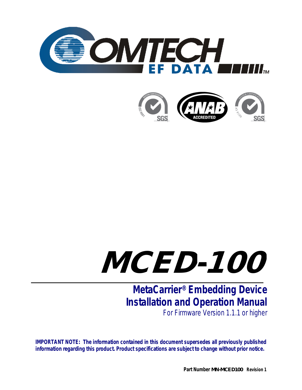 Comtech EF Data MCED-100 User Manual