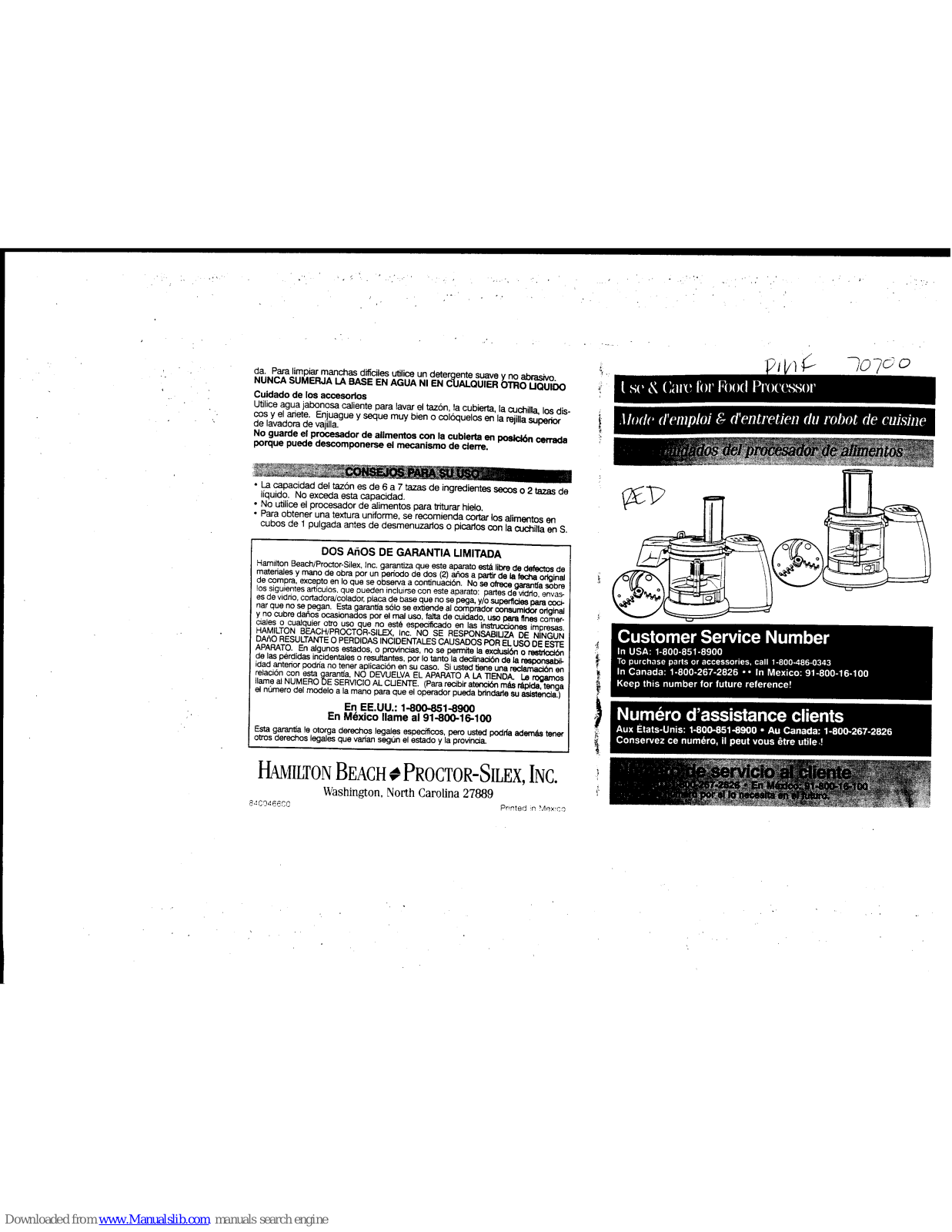 HAMILTON BEACH 70700 Use & Care Manual