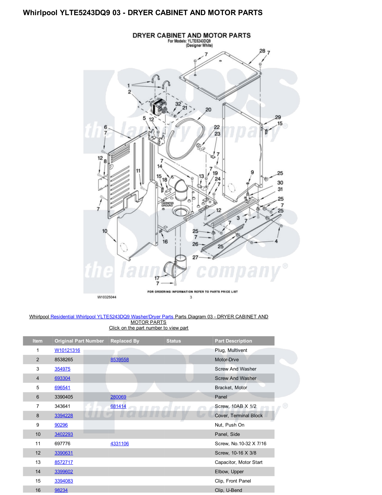 Whirlpool YLTE5243DQ9/Dryer Parts Diagram