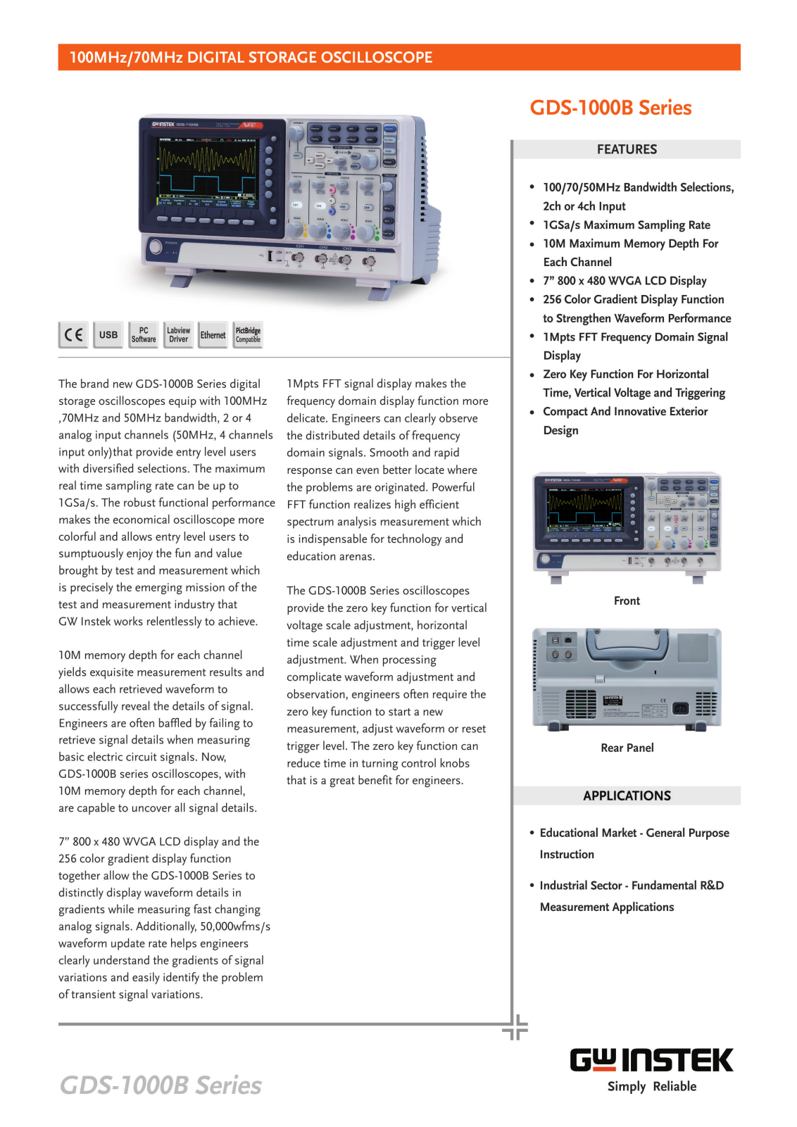 GW Instek GDS-1104B, GDS-1072B, GDS-1074B, GDS-1102B, GDS-1054B Data Sheet