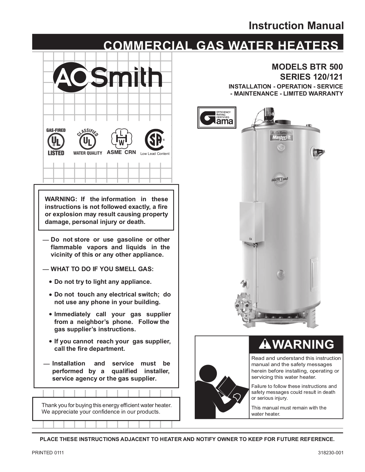 A. O. Smith BTR-500 Installation  Manual