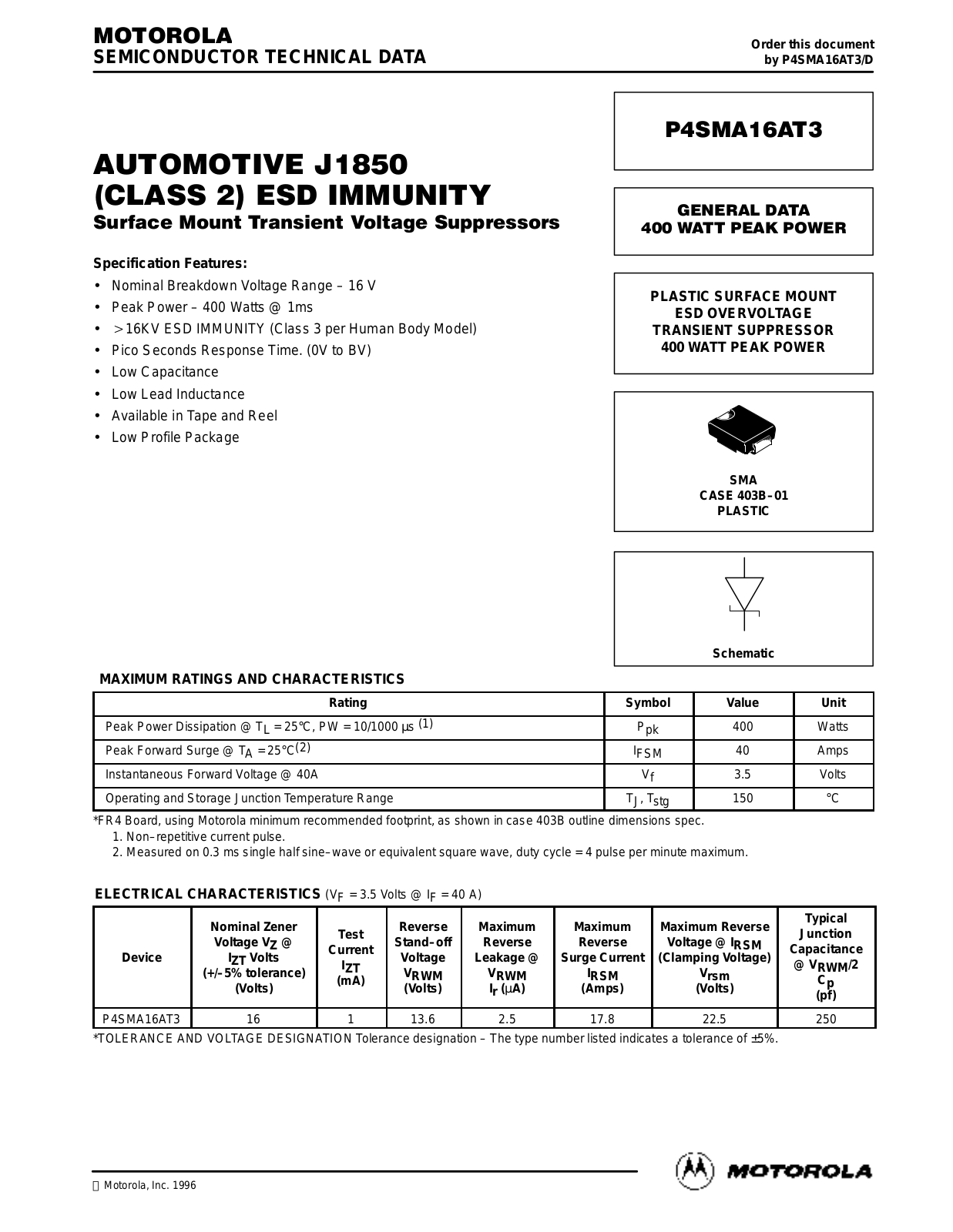 Motorola P4SMA16AT3 Datasheet