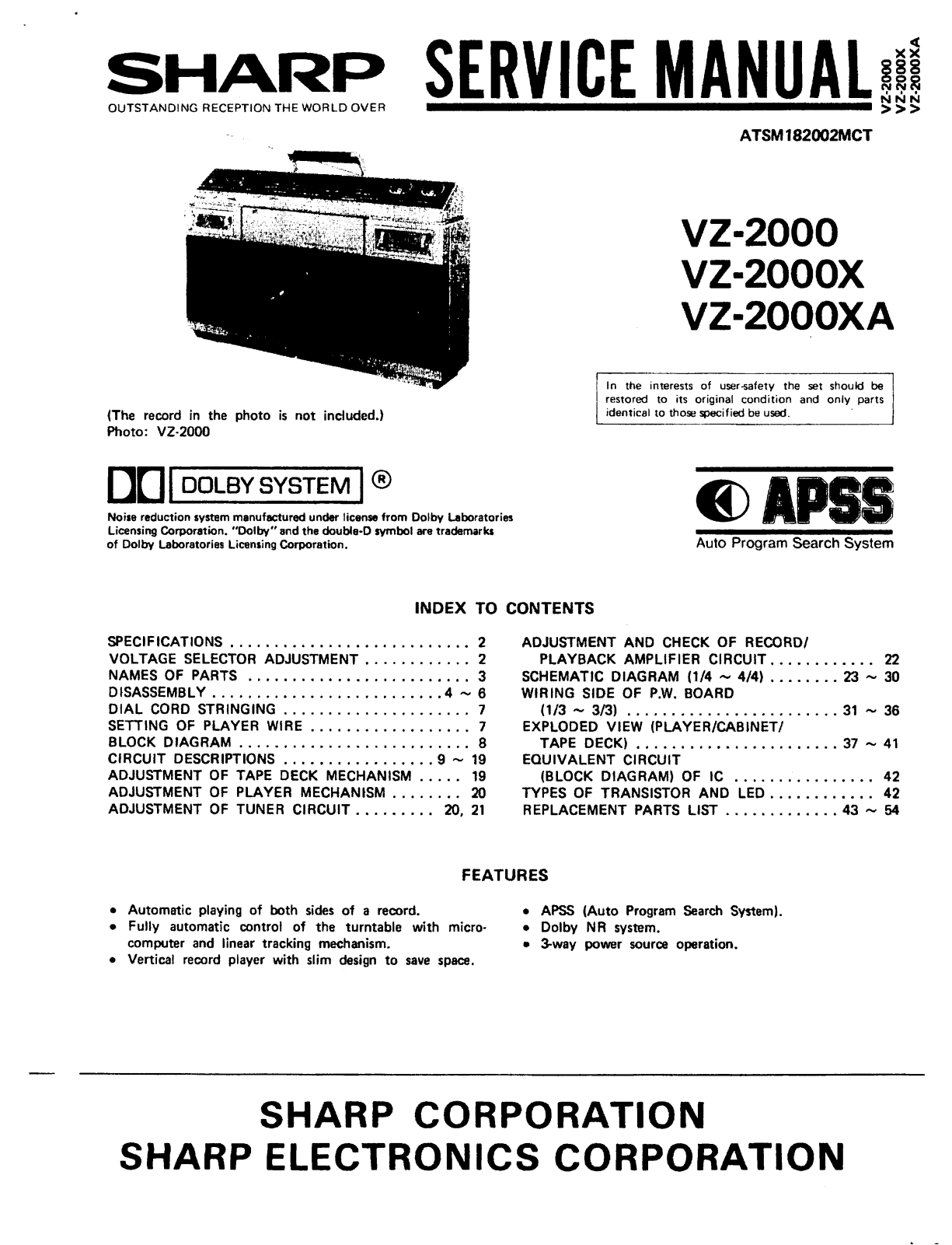Sharp VZ-2000, VZ-2000-X, VZ-2000-XA Service manual