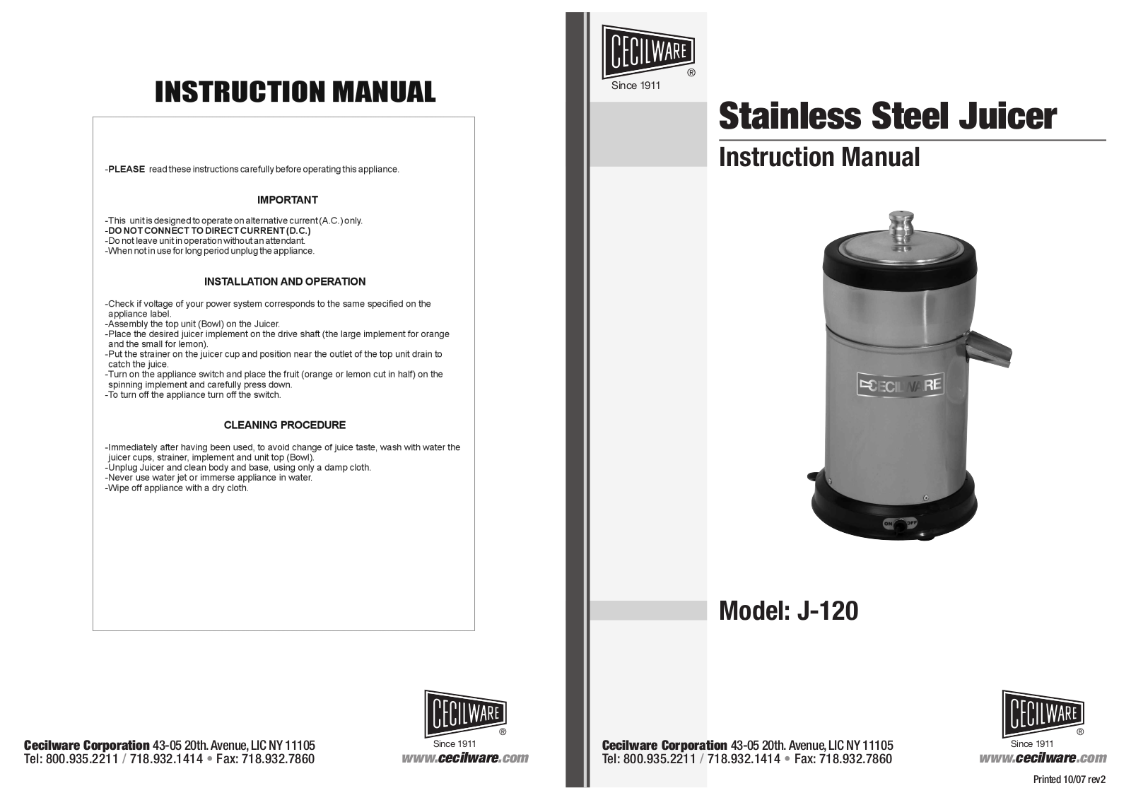 Cecilware J-120 Installation  Manual - ManualMachine.com
