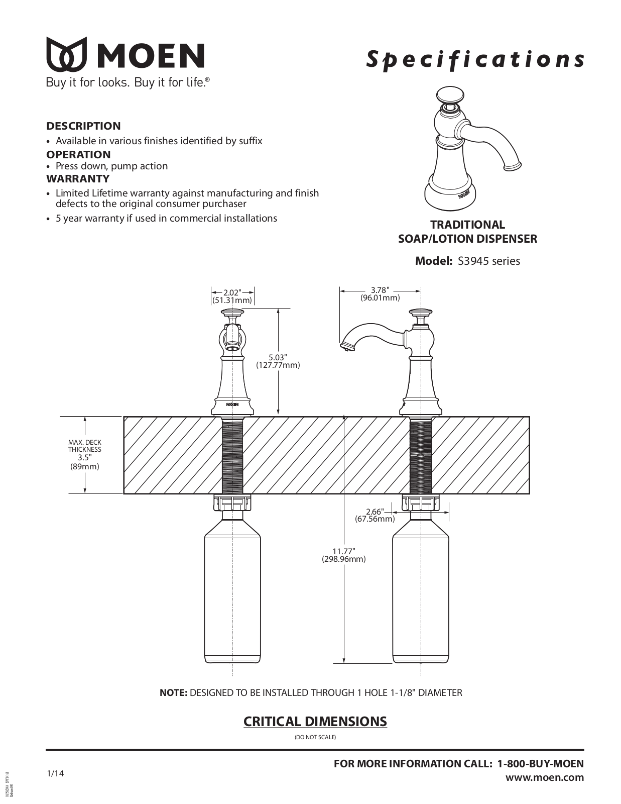 Moen S3945ORB Specs