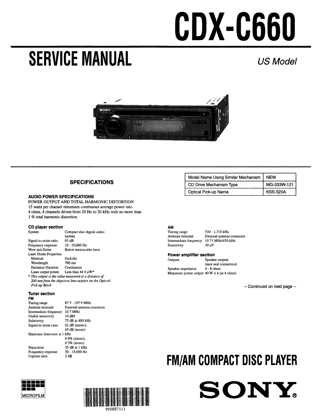 Sony CDXC-660 Service manual