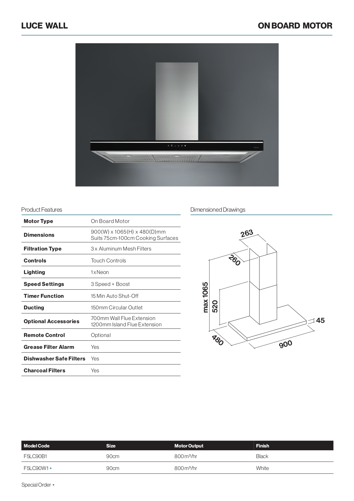 Falmec F5LC90B1 Specifications Sheet