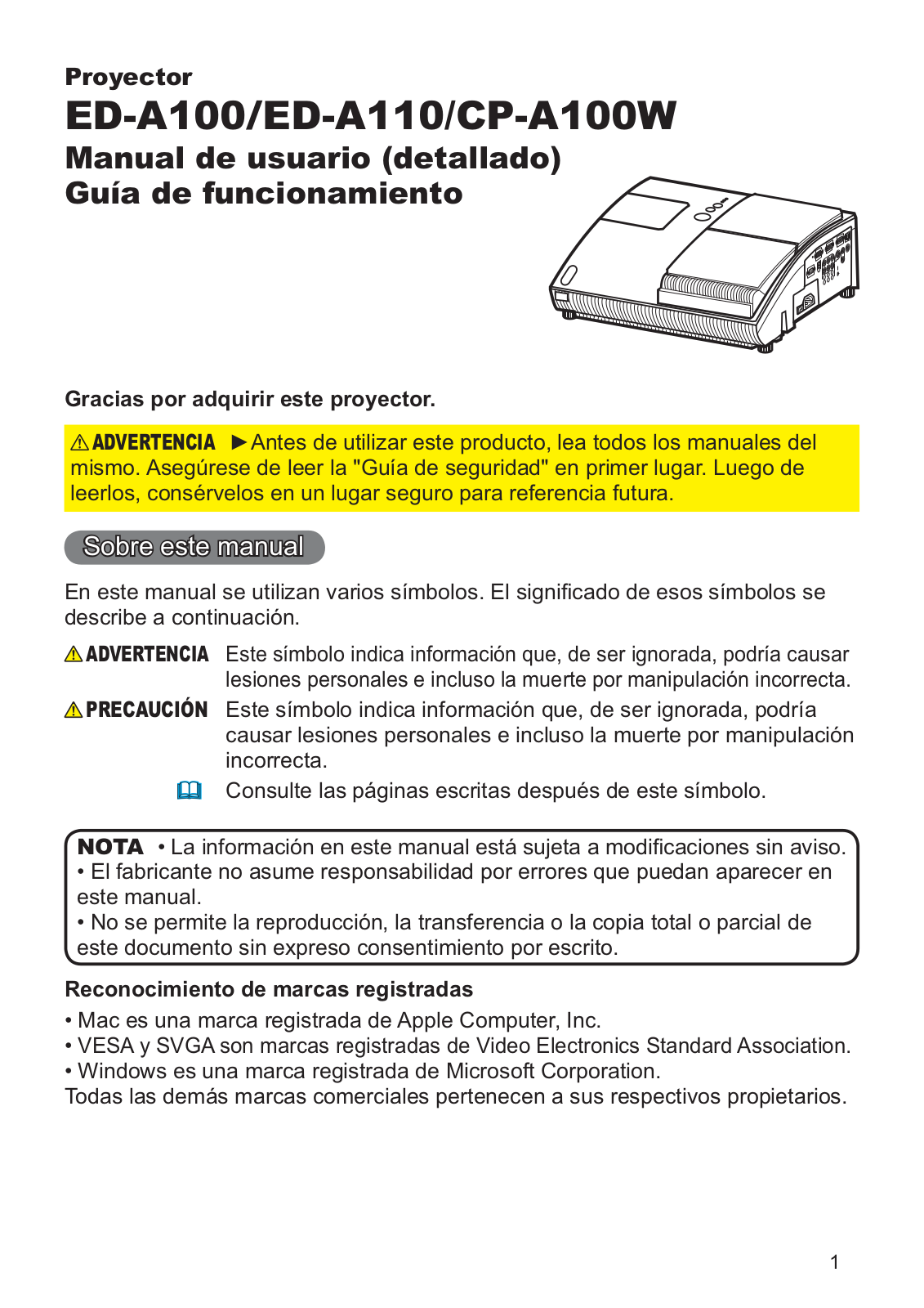 Hitachi ED-A110, ED-A100, CP-A100W User Manual