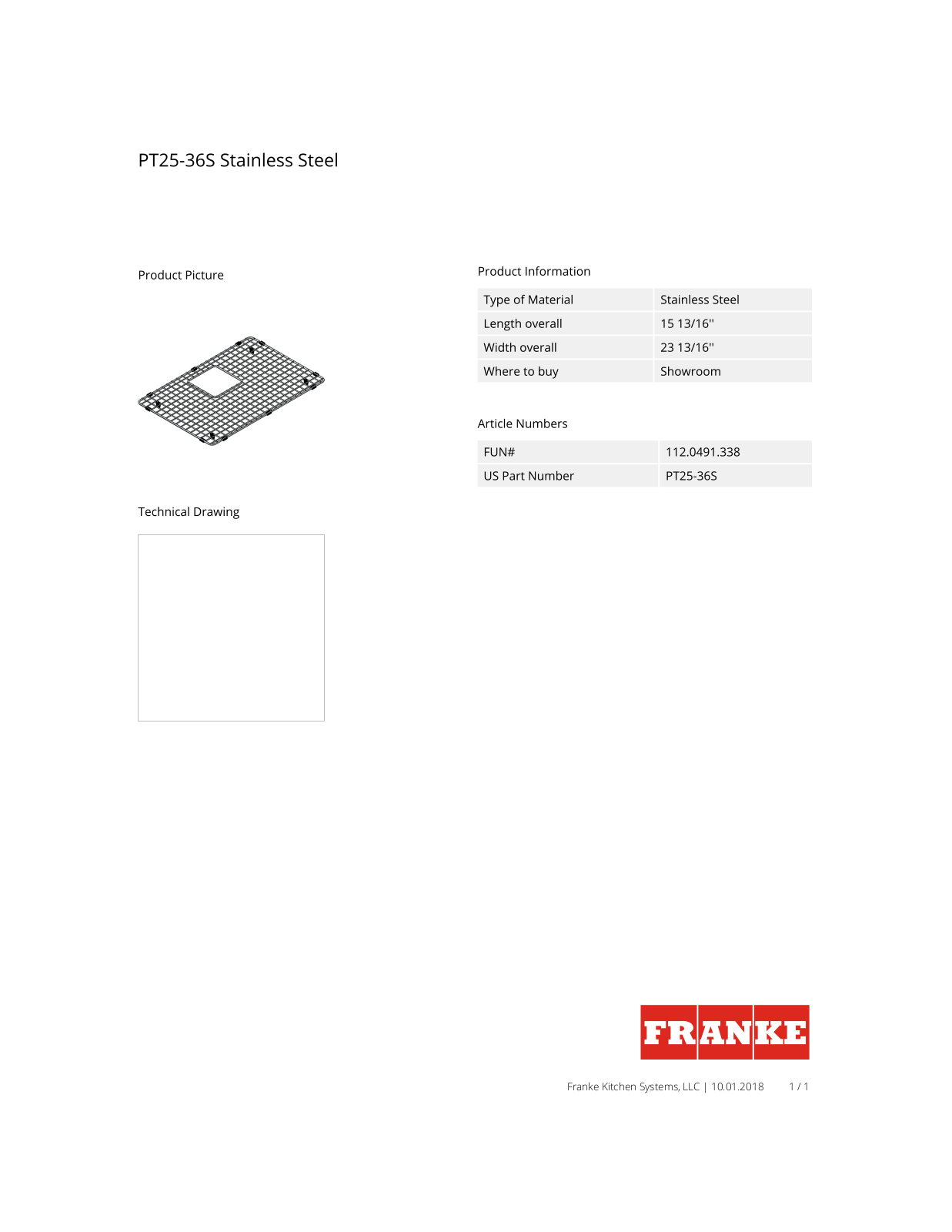 Franke PT2536S Specs