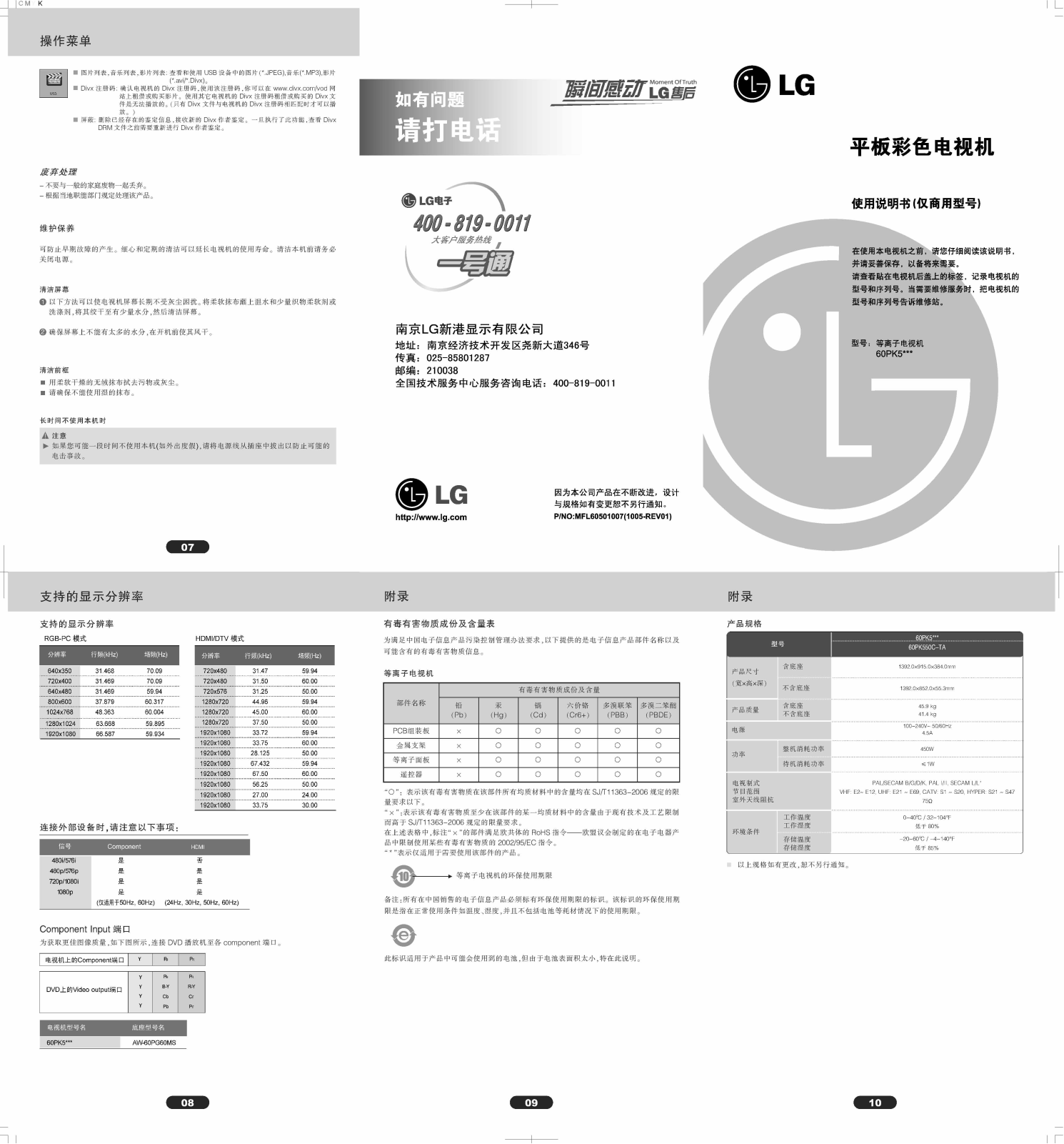 LG 60PK550C Product Manual