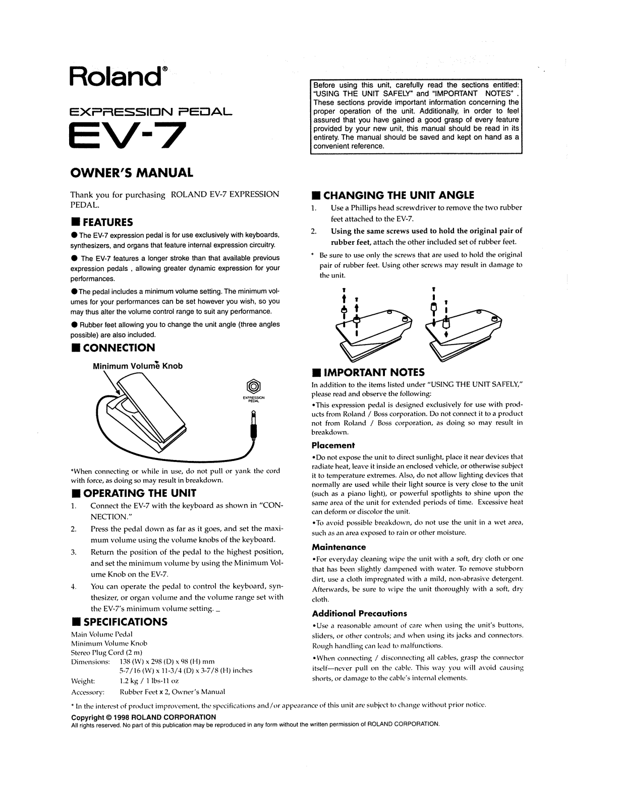 Roland Corporation EV-7 Owner's Manual