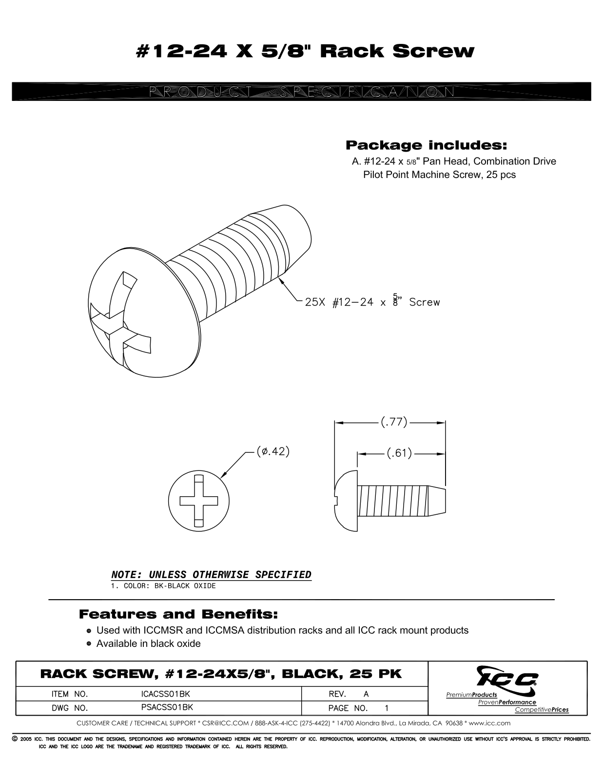 ICC ICACSS01BK Specsheet