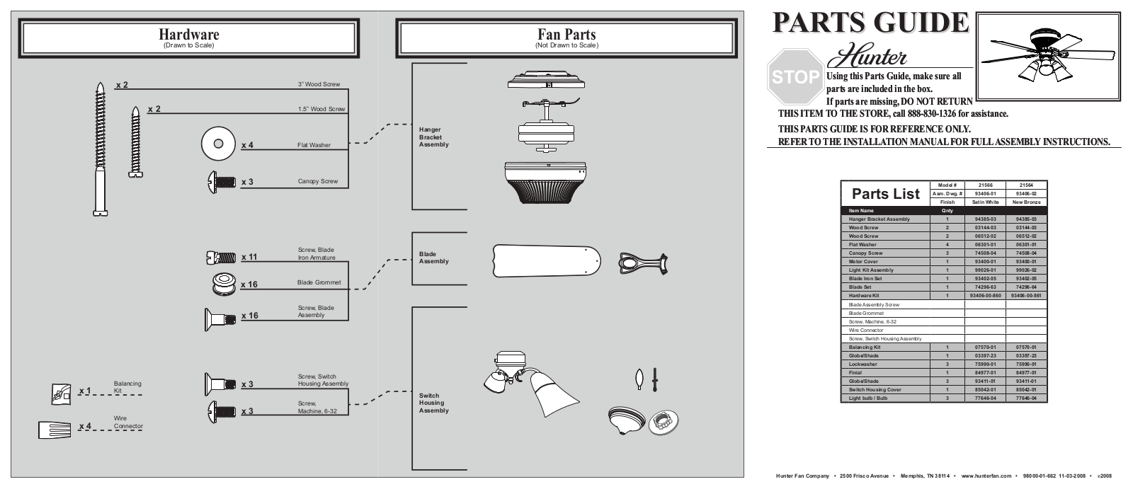 Hunter 21566 Parts Guide