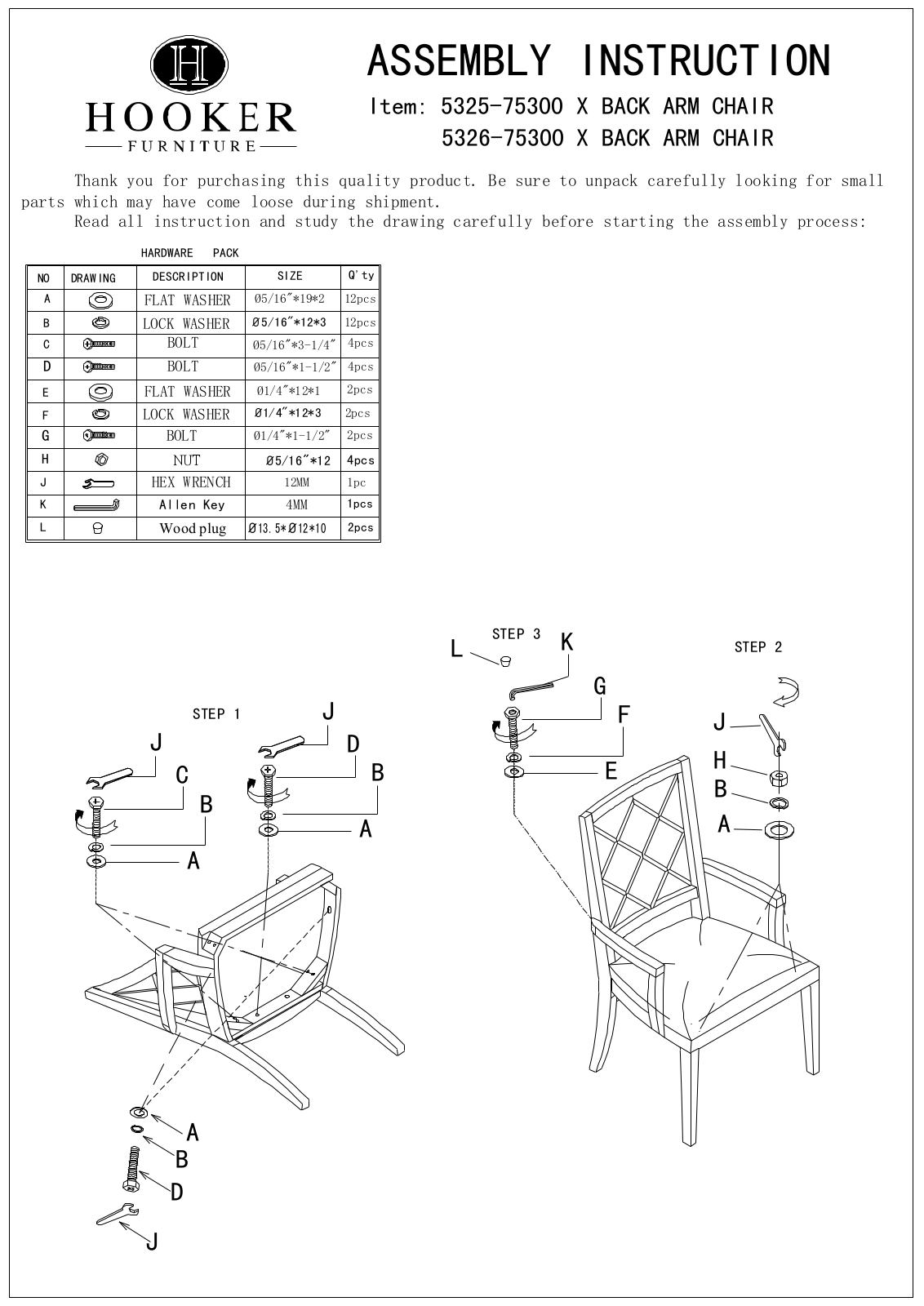 Hooker Furniture 532575300, 532X75300AC Assembly Guide