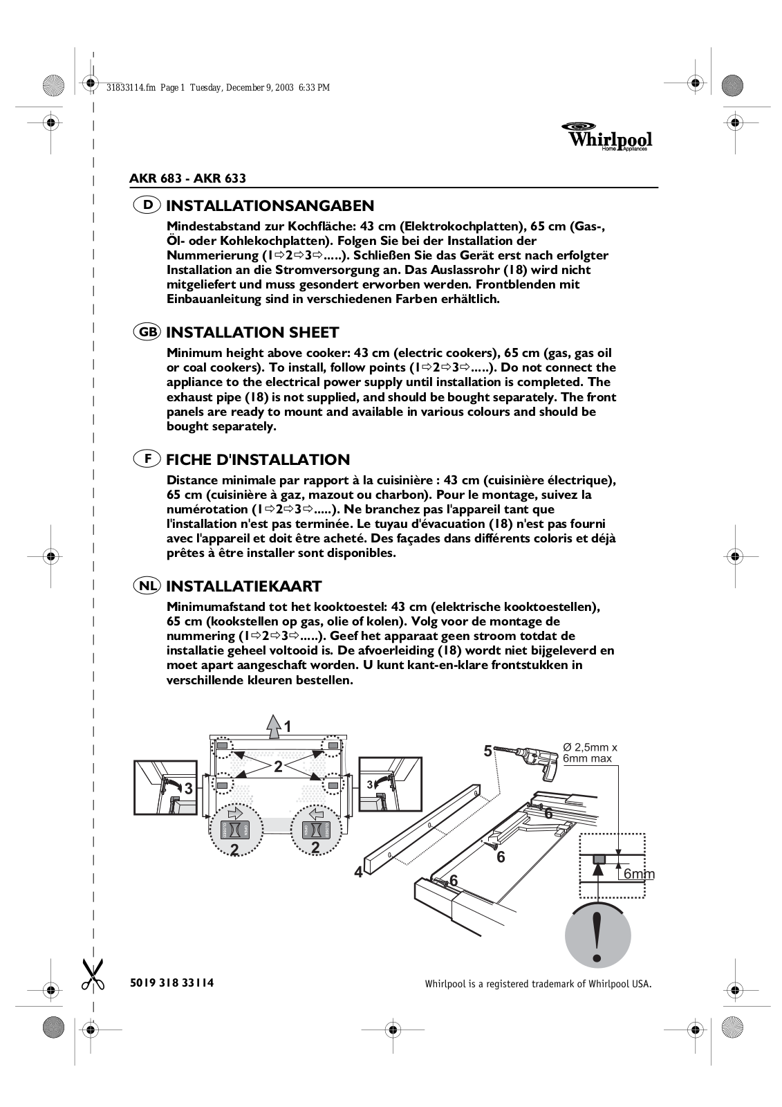 Whirlpool AKR 633 Y-2 INSTRUCTION FOR USE