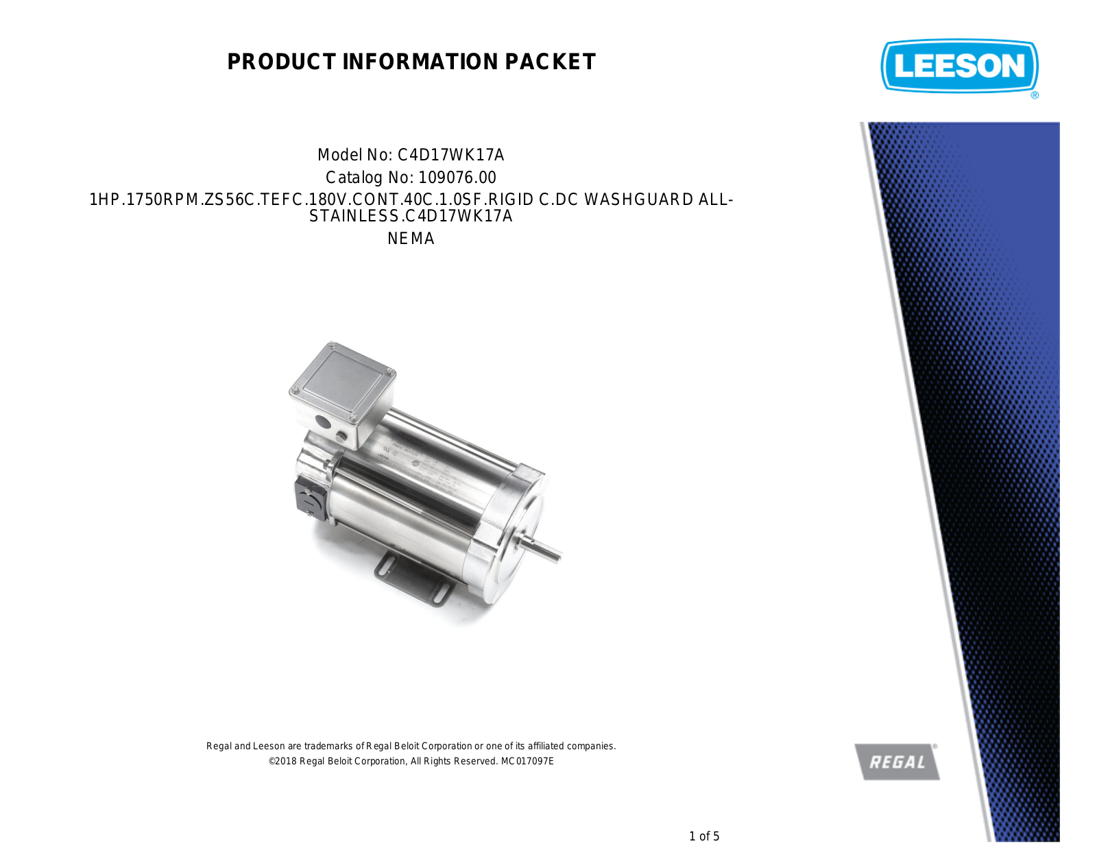 Leeson 109076.00 Product Information Packet