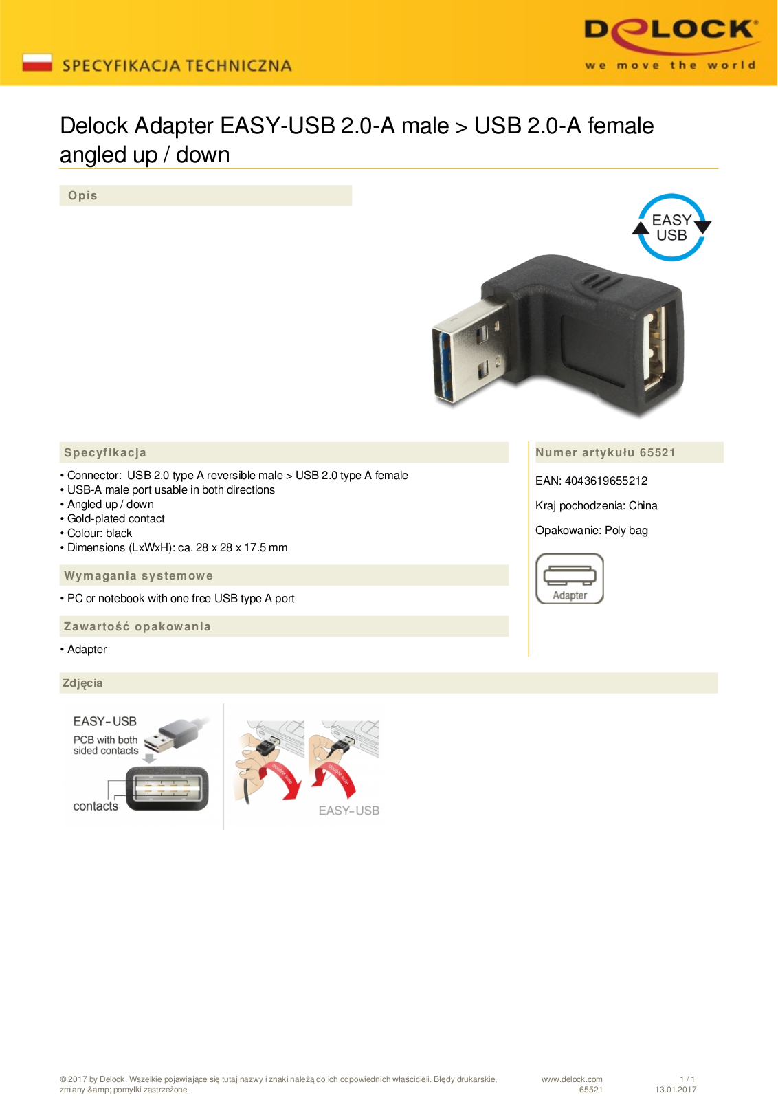 DeLOCK EASY-USB 2.0 adapter, USB-A  plug  to USB-A  socket , horizontal angled 90° User Manual