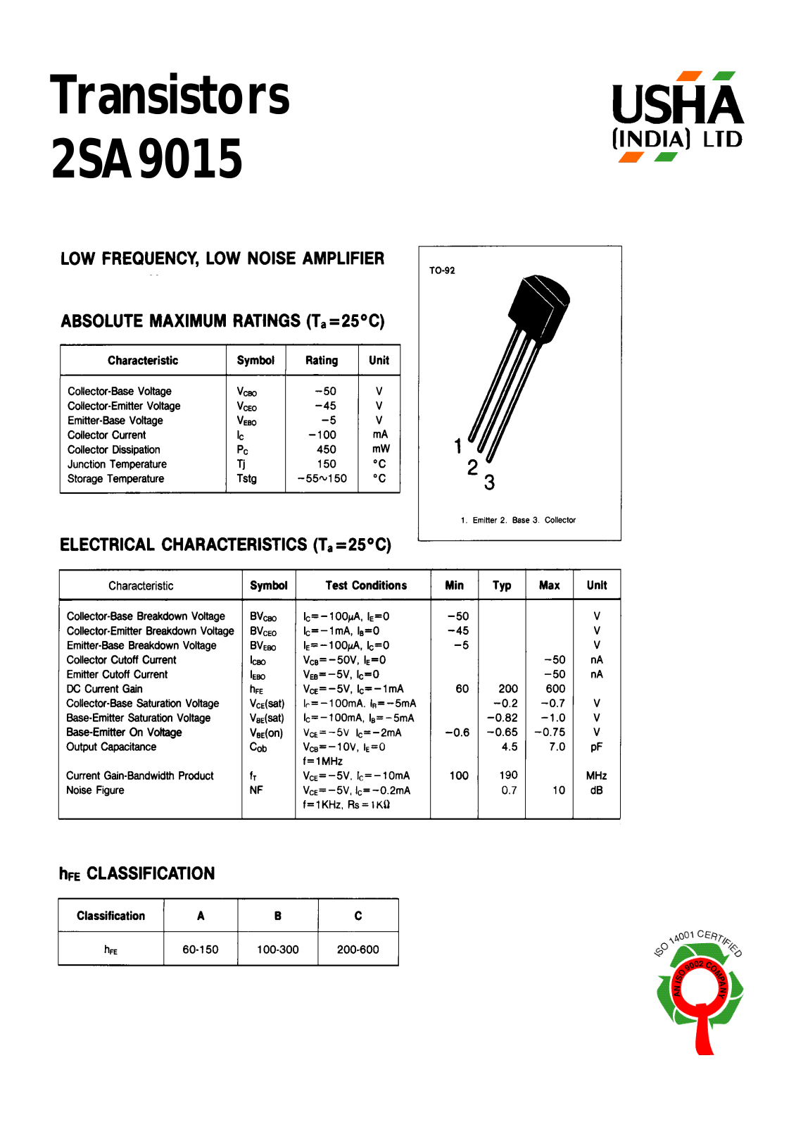 USHA 2SA9015 Datasheet