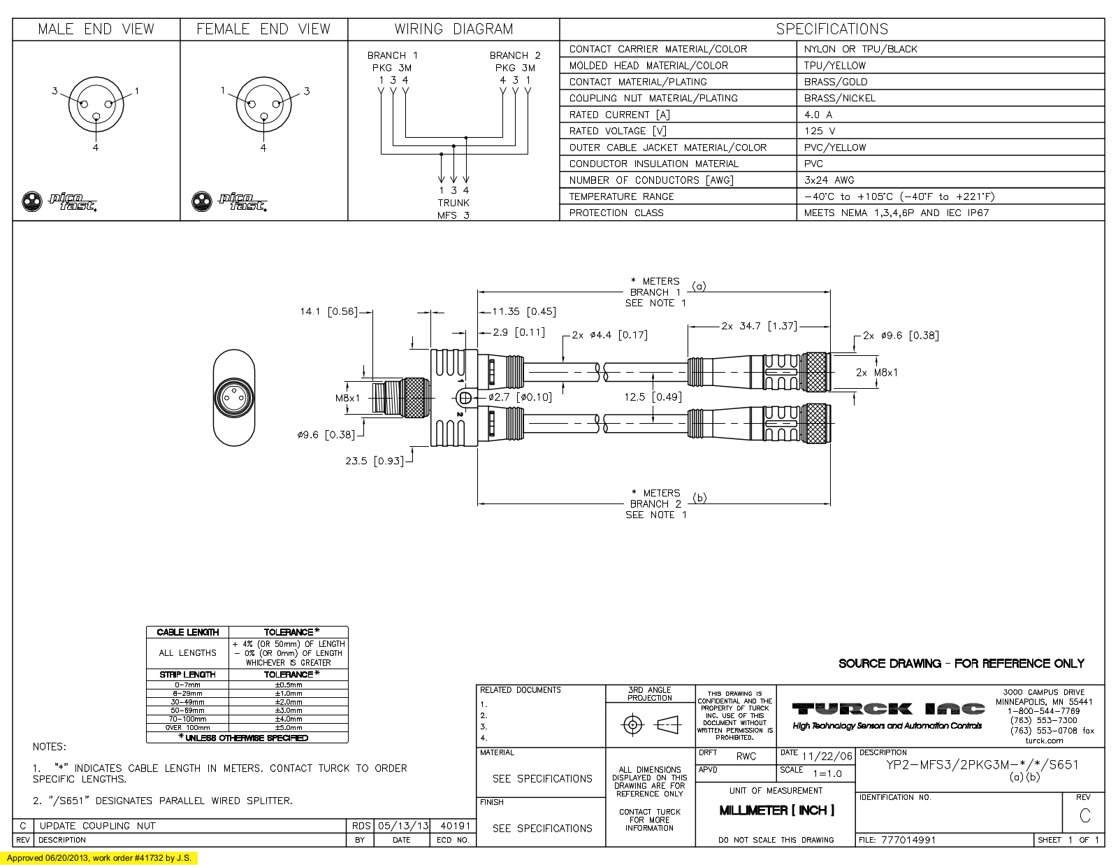 Turck YP2-MFS3/2PKG3M-1/1/S651 Specification Sheet