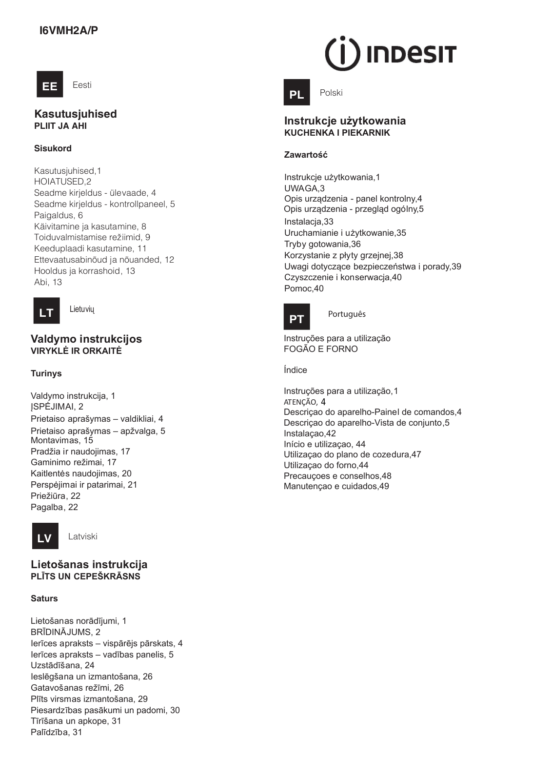 INDESIT I6VMH2A(W)/P User Manual