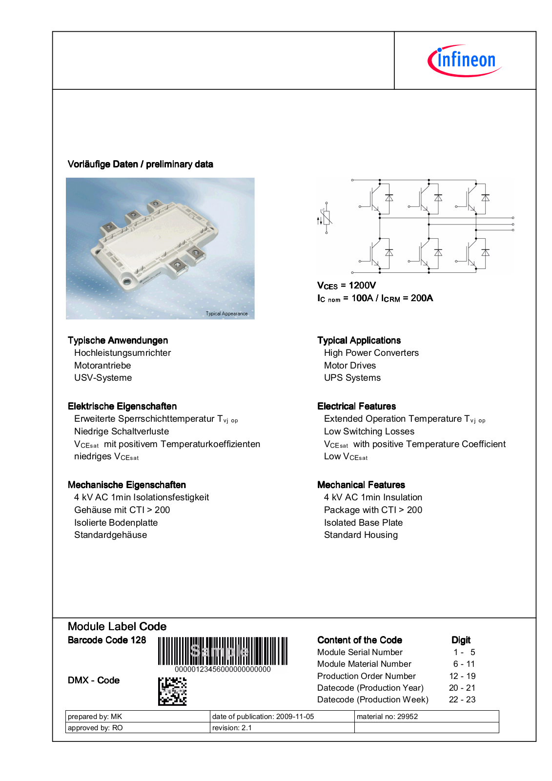 Infineon FS100R12PT4 Data Sheet