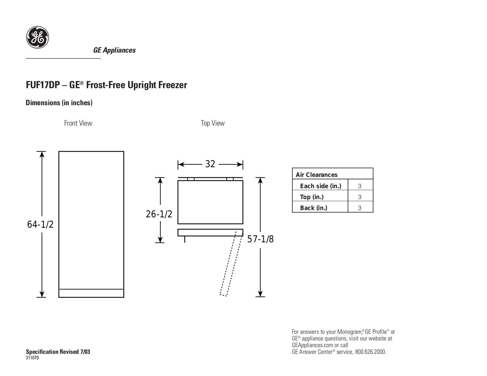 GE FUF17DP Specification