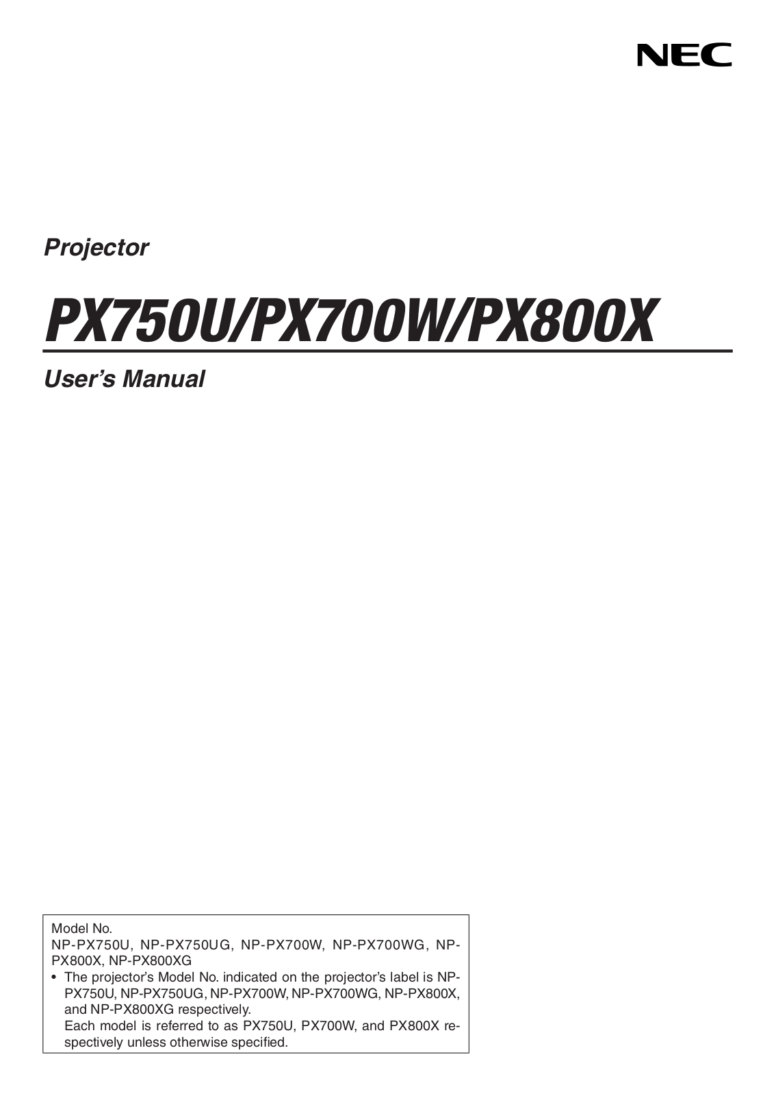 NEC PX800X-08ZL User Manual