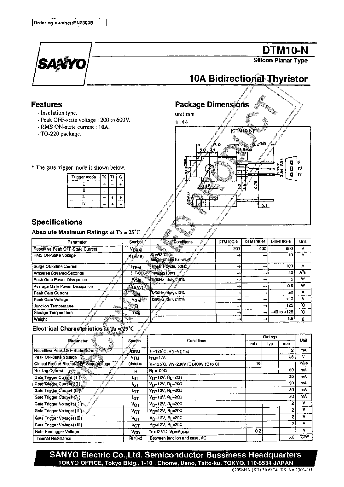 Sanyo DTM10-N Specifications