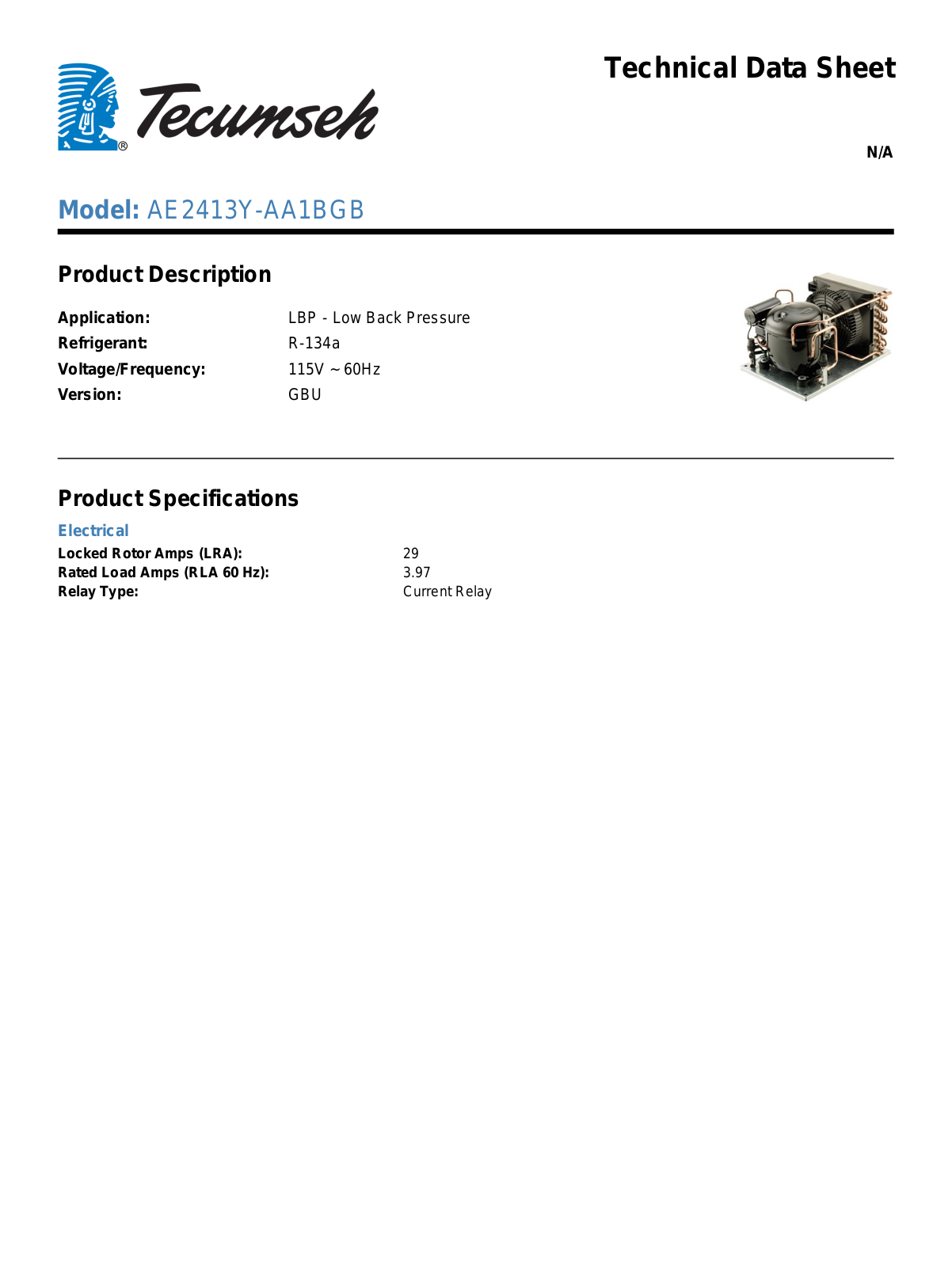 Tecumseh AE2413Y-AA1BGB Technical Data Sheet