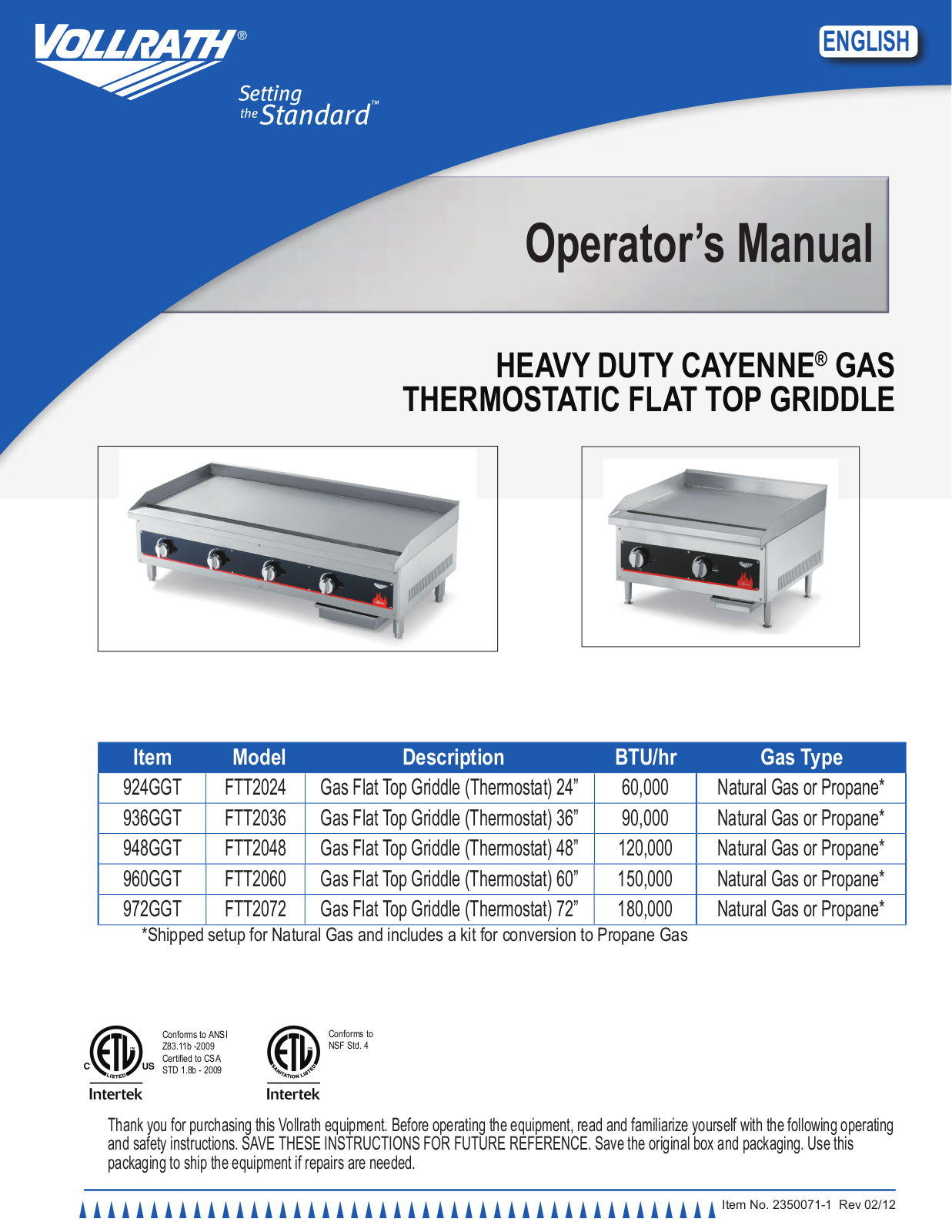 Vollrath FTT2024 Installation  Manual