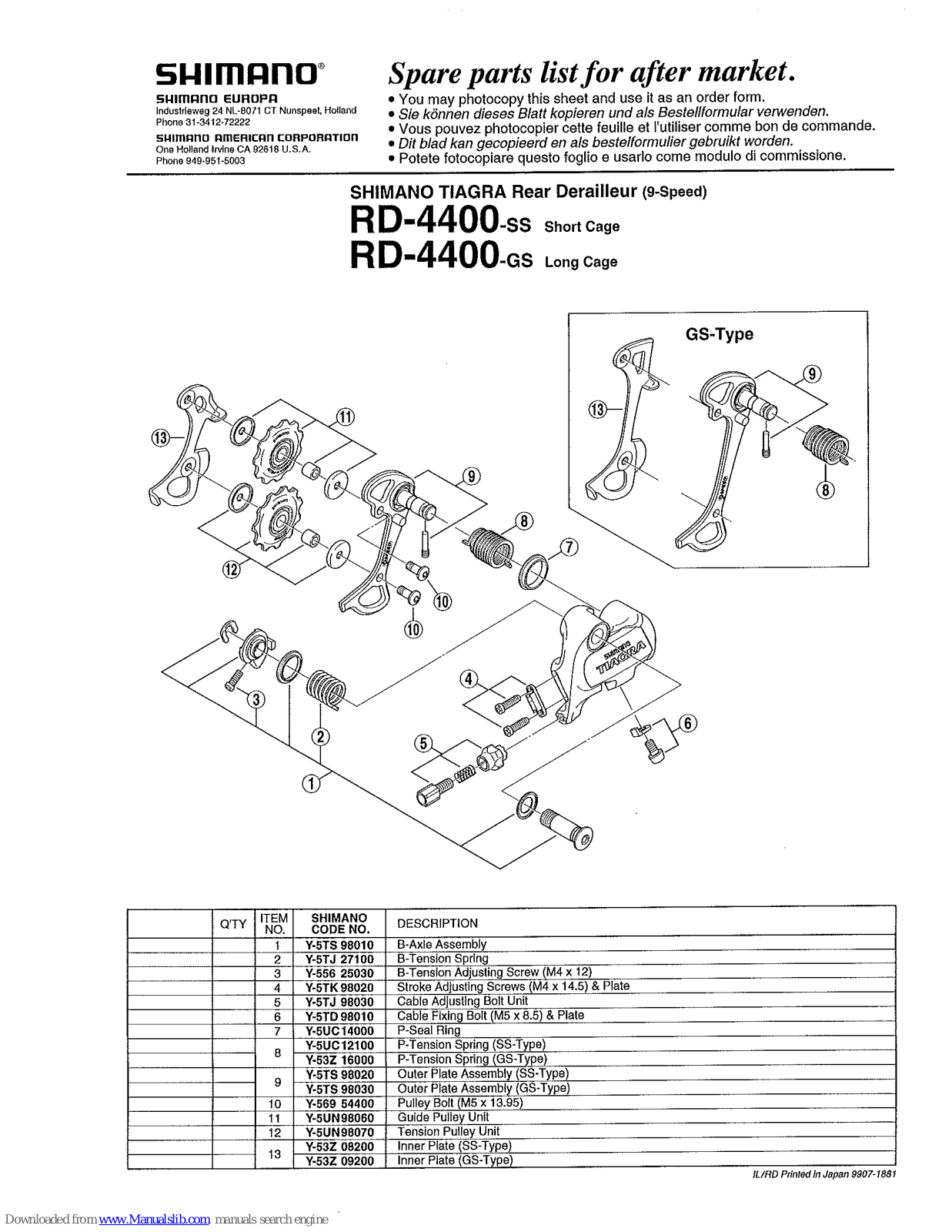 Shimano TIAGRA RD-4400-GS - SCHEMA, TIAGRA RD-4400-SS - SCHEMA, TIAGRA RD-4400-SS, TIAGRA RD-4400-GS User Manual