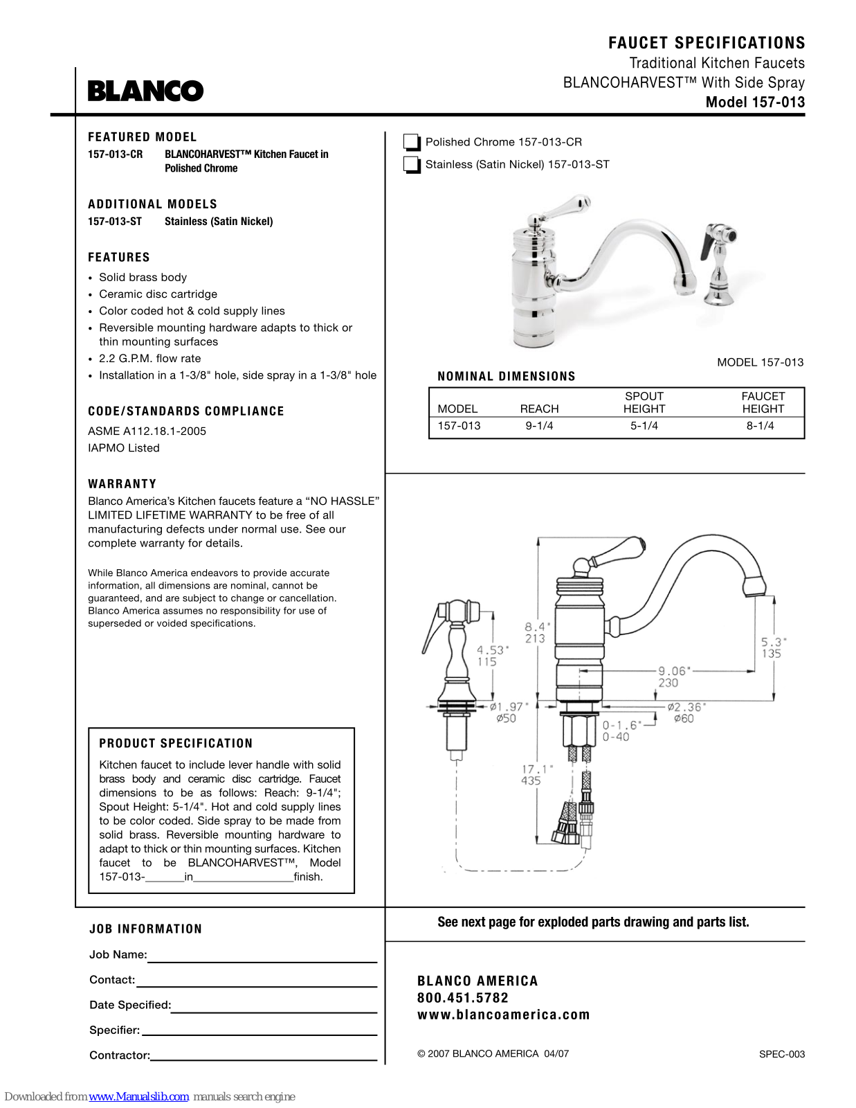 Blanco 157-013-CR, 157-013-ST Specification Sheet