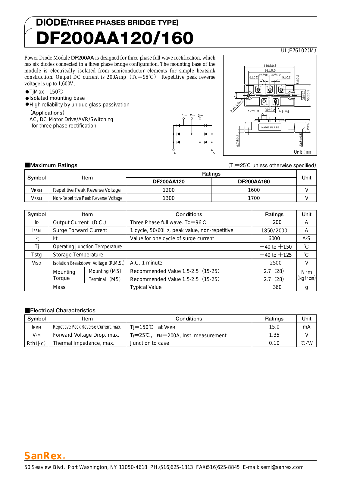 Sanrex-Sansha Electric Manufacturing DF200AA120, DF200AA160 Data Sheet